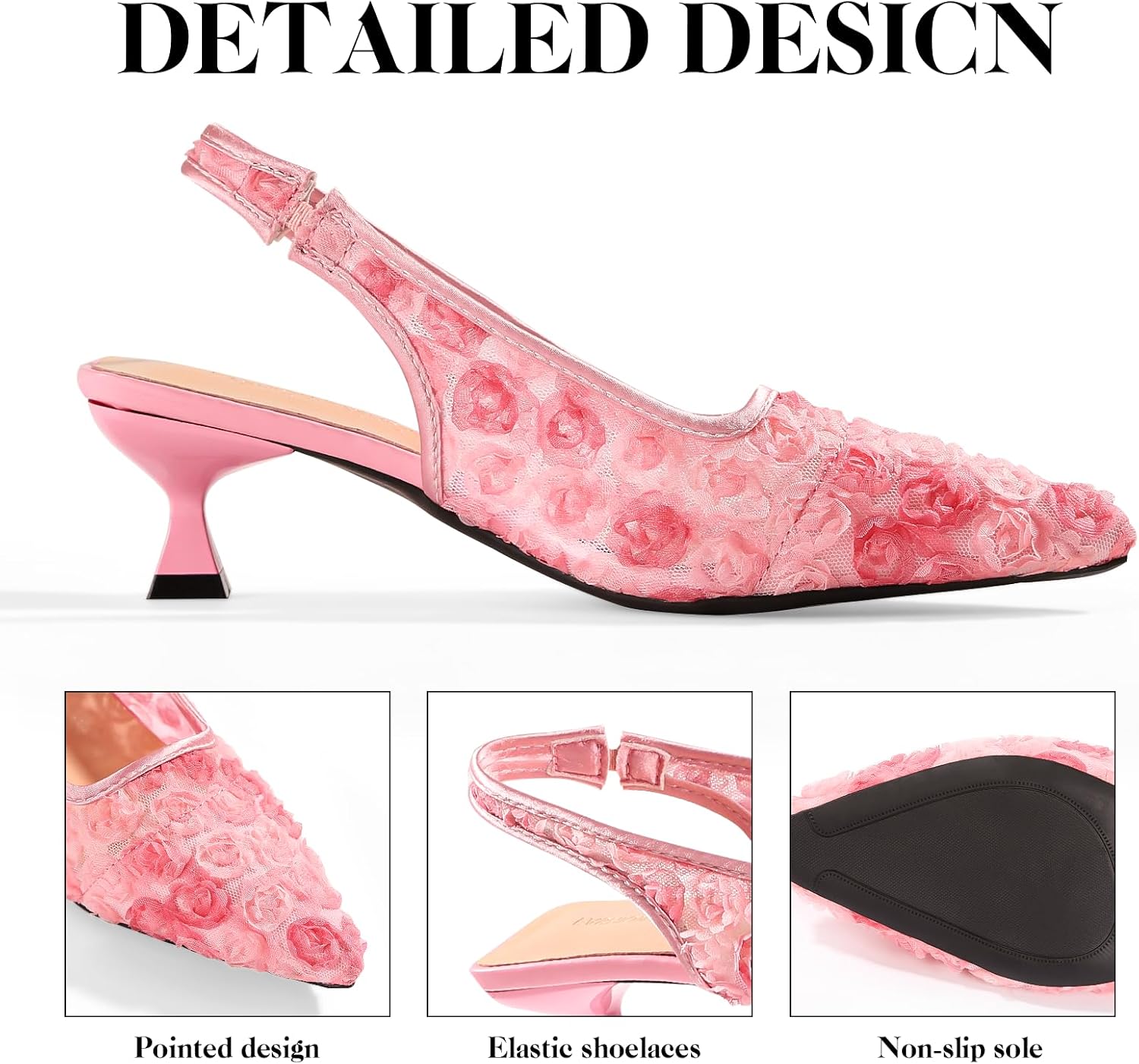 Elegant Lace Kitten Heels for Women - Slingback Pointed Toe Floral Mesh Dress Shoes - Low Heel Formal Wedding Guest Party Sandals