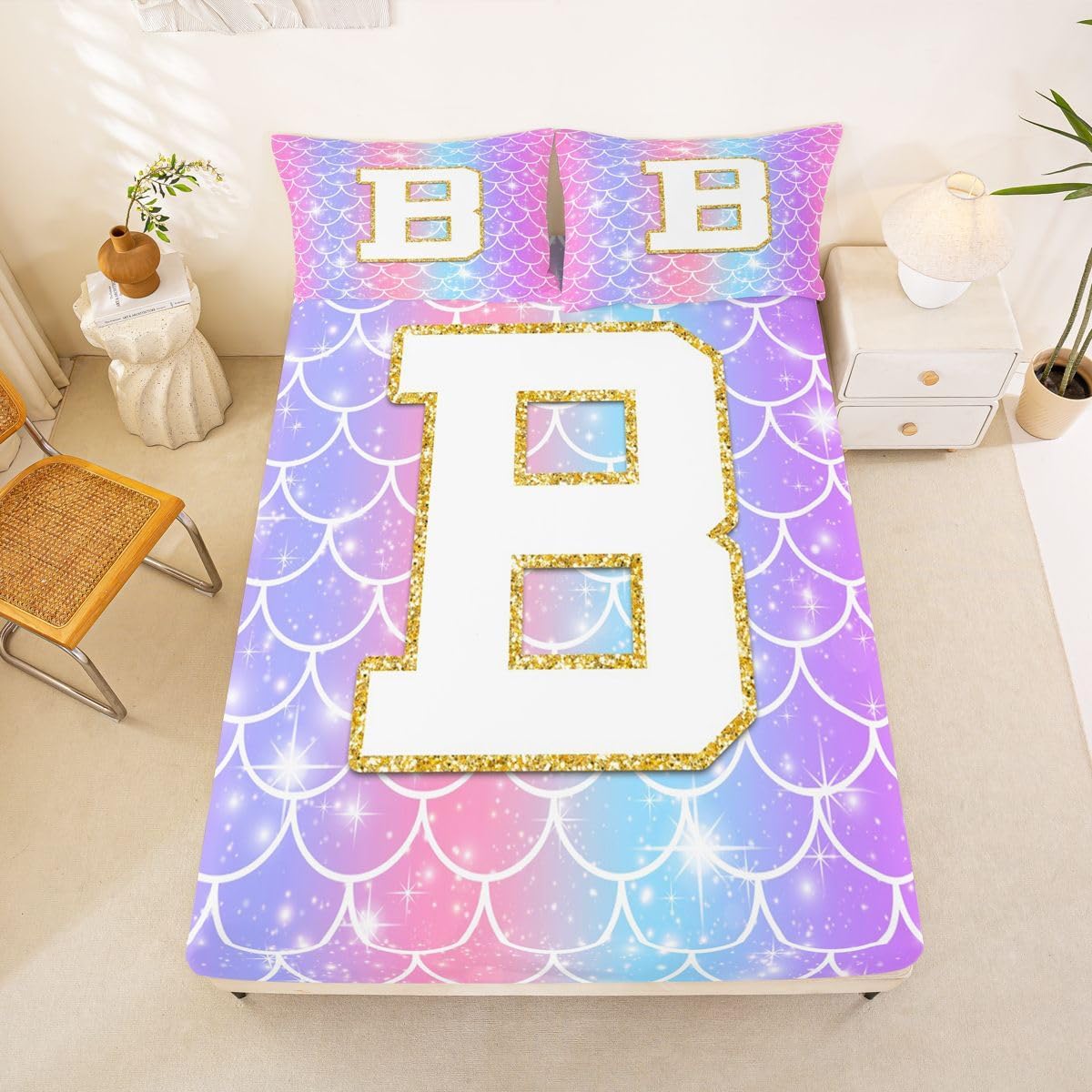 Erosebridal Kids Pink Purple Mermaid Full Fitted Sheet for Girls | Customized Letter B Cute Bed Sheets Princess Gradient Fish Scales Bedding Set for Teens Ombre Mermaid Scales Sheets