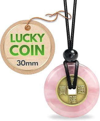 30mm Donut Lucky Coin Necklace - Love and Money Talismans and Amulets - Tibetan Spiritual Pendant - Attract Wealth & Treasures - Genuine Gemstone Buddhist Style Jewelry - 32" Adjustable Cord - Handcrafted Prosperity Manifestation Gift