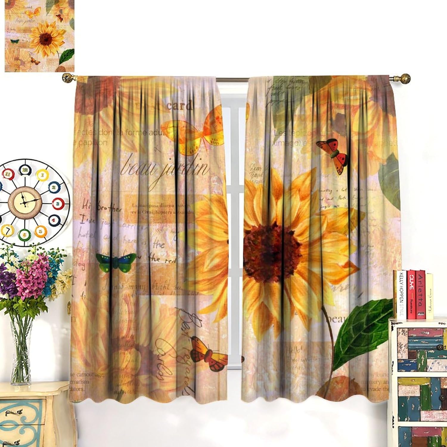 Sunflower Blackout Curtains, Vintage Yellow Flowers Country Style Home Decor Drapes Bedroom Living Room Kitchen Rod Pocket Window Treatment 2 Panels Set Total Size 42" W X 54" L Inch