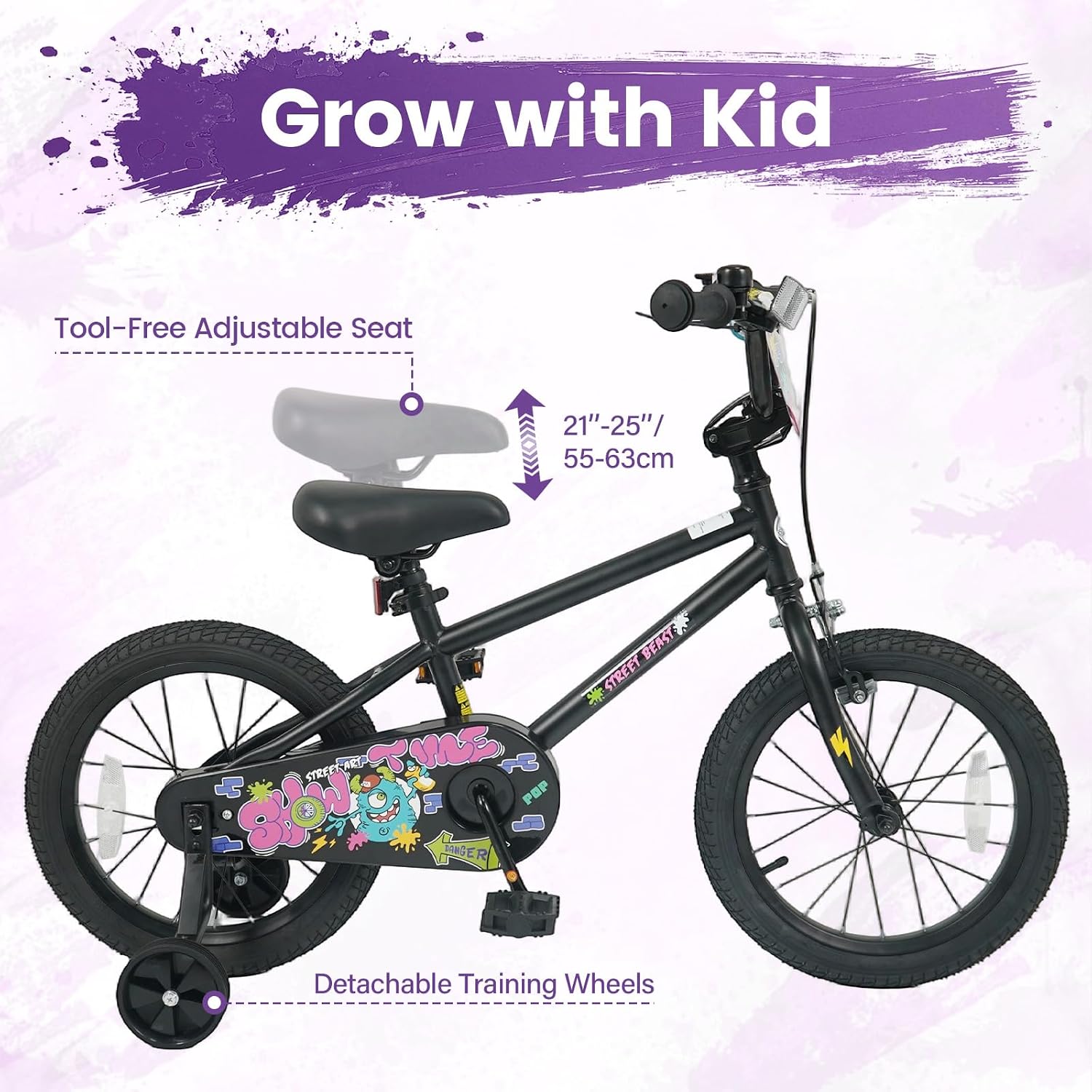 Olakids Kids Bike, 12 14 16 18 Inch BMX Style Toddlers Bike with DIY Drawing Board Training Wheels Adjustable Seat Coaster Brake Handbrake Safety Bell for Boys Girls