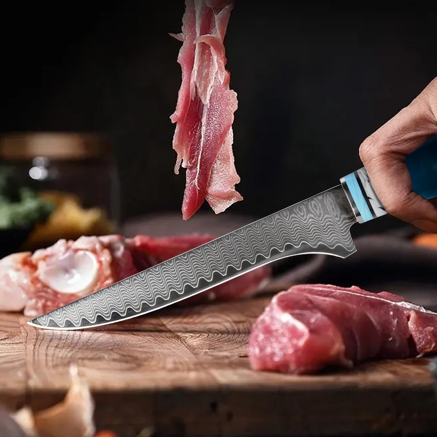 Cuchillo de Deshuesar Damasco, 15CM Cuchillo cocina de acero Damasco con caja de regalo, para deshuesar carne, aves, pollo, pescado