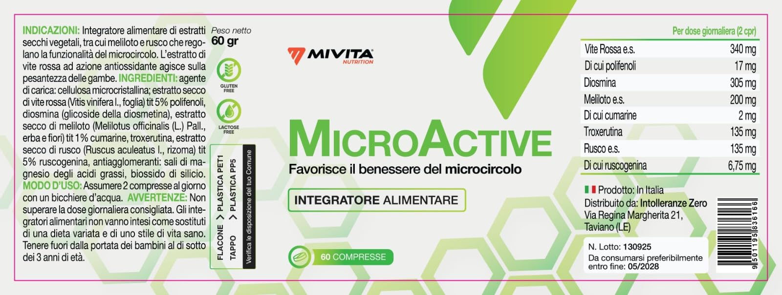 Mivita - Microactive Microcircolo 60 Compresse - Integratore per Circolazione Gambe e Vene - Diosmina, Troxerutina, Vite Rossa, Rusco e Meliloto - Drenaggio Linfatico e Ritenzione Idrica
