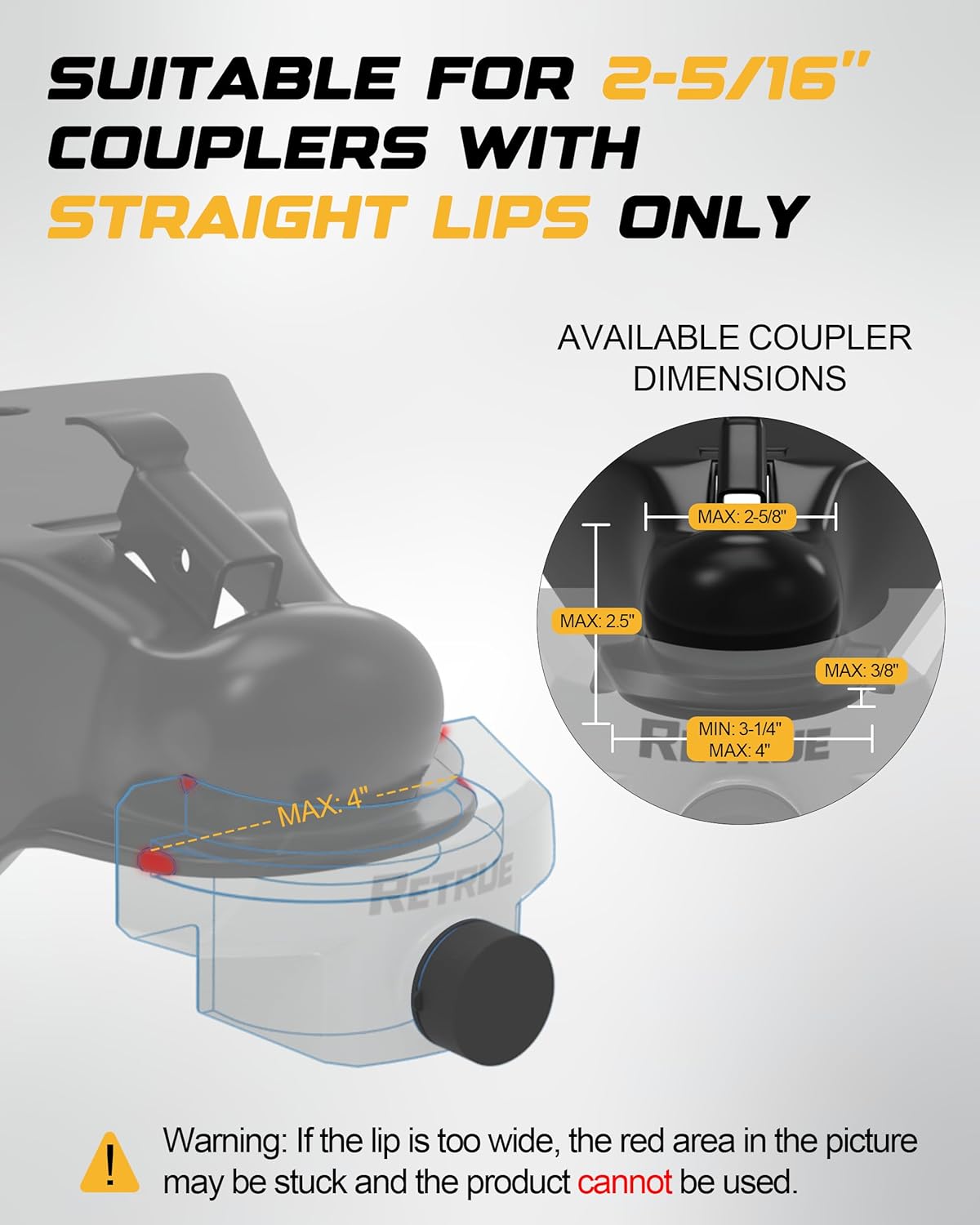 RETRUE Heavy Duty Trailer Lock for 2 5/16" Ball Coupler with Flange, Anti-Theft and Top Tier Security, Gray