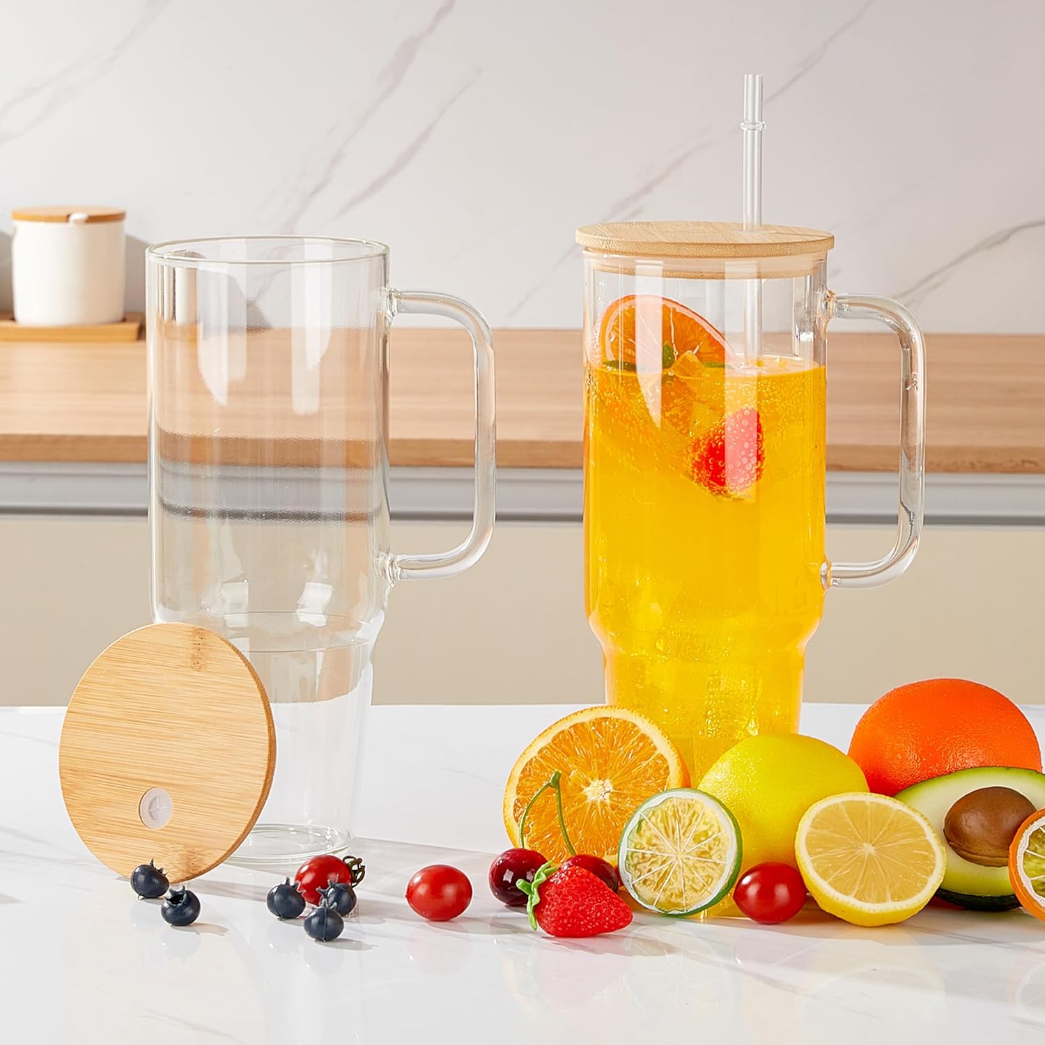 40 oz Glass Cups with Lids and Straws 2 Pack Large Glass Tumbler with Handle Borosilicate Ice Coffee Cups, with Bamboo Lid & Plastic Lid, for Boba, Smoothies, Beer, Juice