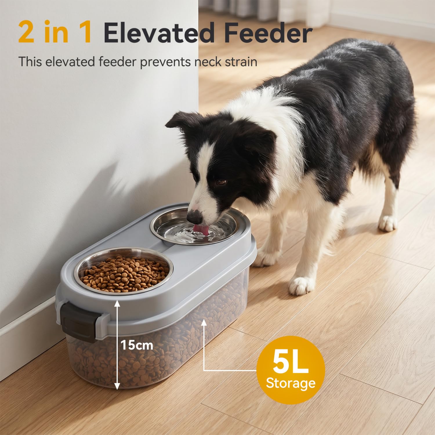Nobleza 2 in 1 Ciotola per Cani Rialzata con Contenitore Ermetico, 5L + 2 * 400ml Ciotole in Acciaio Inossidabile – Alimentatore per Cani Piccoli e Medi, Grigio