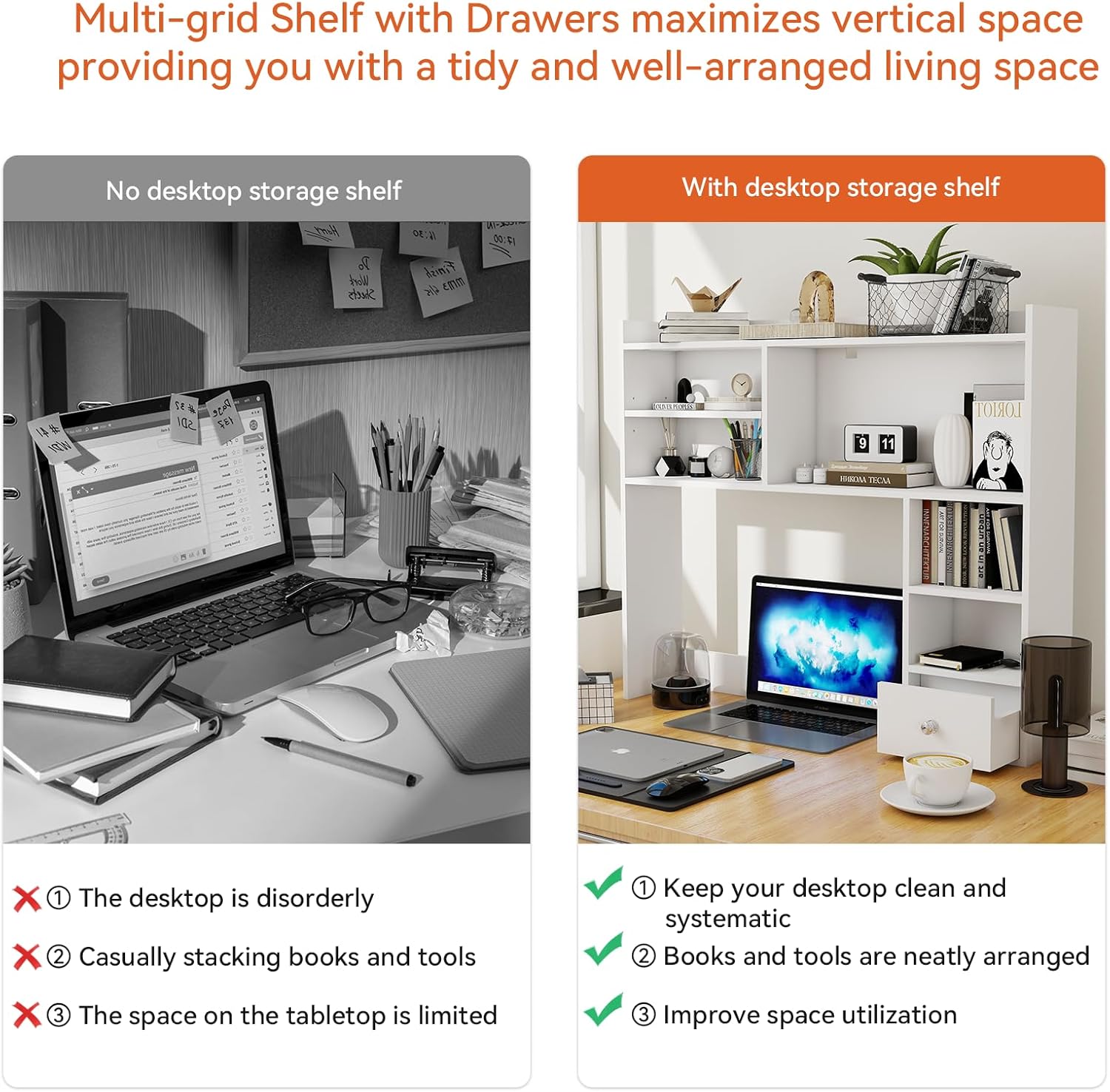 ELECWISH Desktop Bookshelf, Desk Shelf with Drawer for Computer Desk, 35.04" 6-Tier Adjustable Desktop Hutch Organizer for Home Office, White