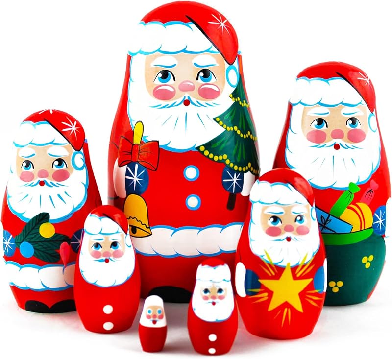 Christmas Santa Wooden Nesting Dolls 7 pcs - Santa Claus Christmas Decoration Doll Gifts Ideas - Handcrafted Handpainted Matryoshka - Russian Nesting Dolls
