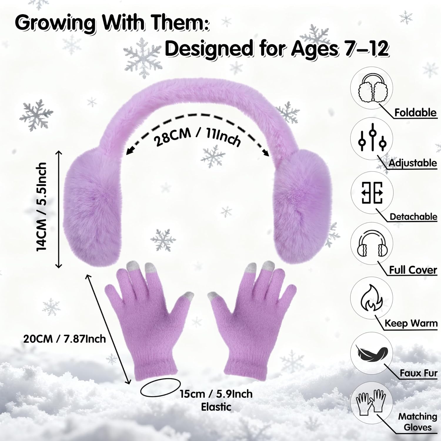 BEARAE Winter Ear Muffs Gloves Set, Fuax Fur Earmuffs with Glove, Foldable Fluffy Ear Warmer Muff for 7-12T Kids Girls Boys - Image 2