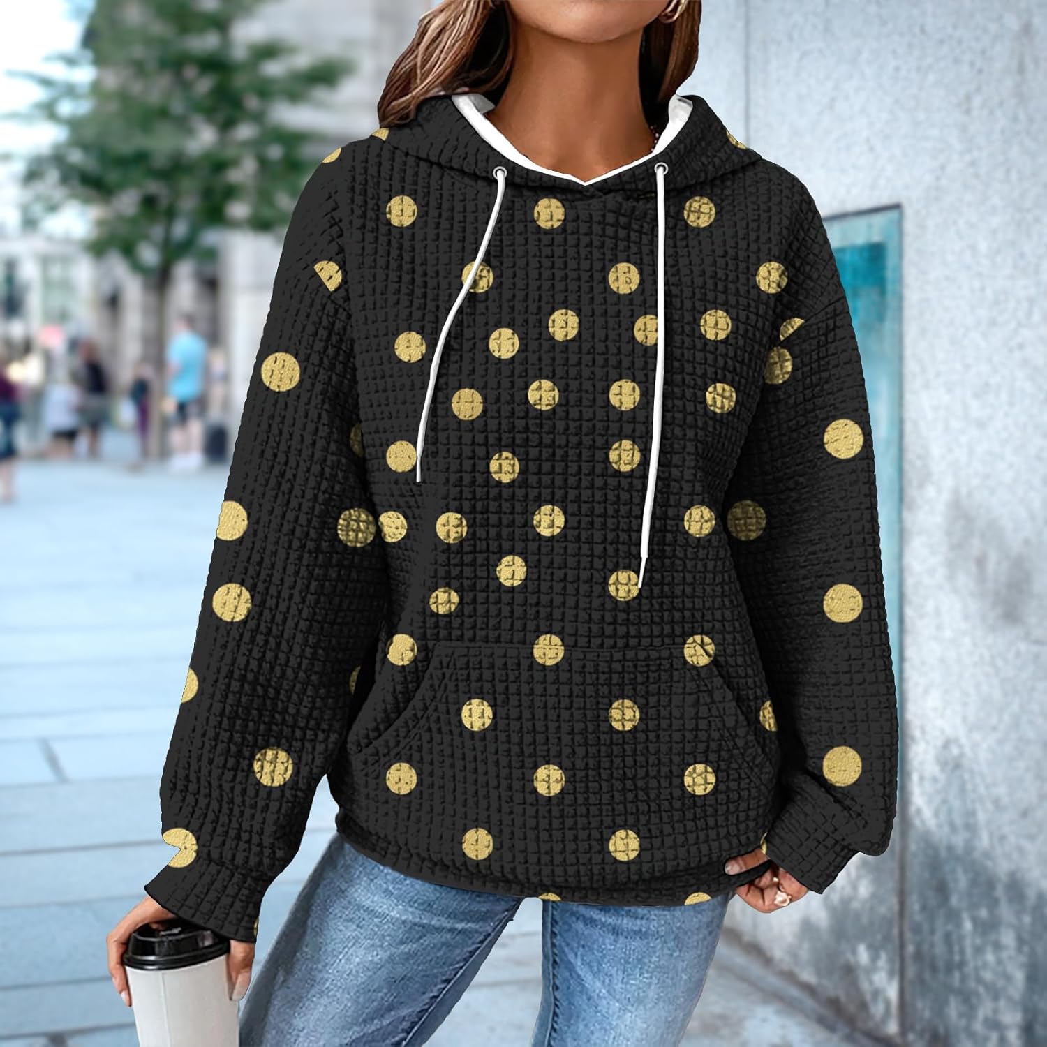 Womens Hooded Sweatshirt Casual Oversized Waffle Knit Hoodie With Pocket Drawstring Long Sleeve Fashion Qutfits - Image 2