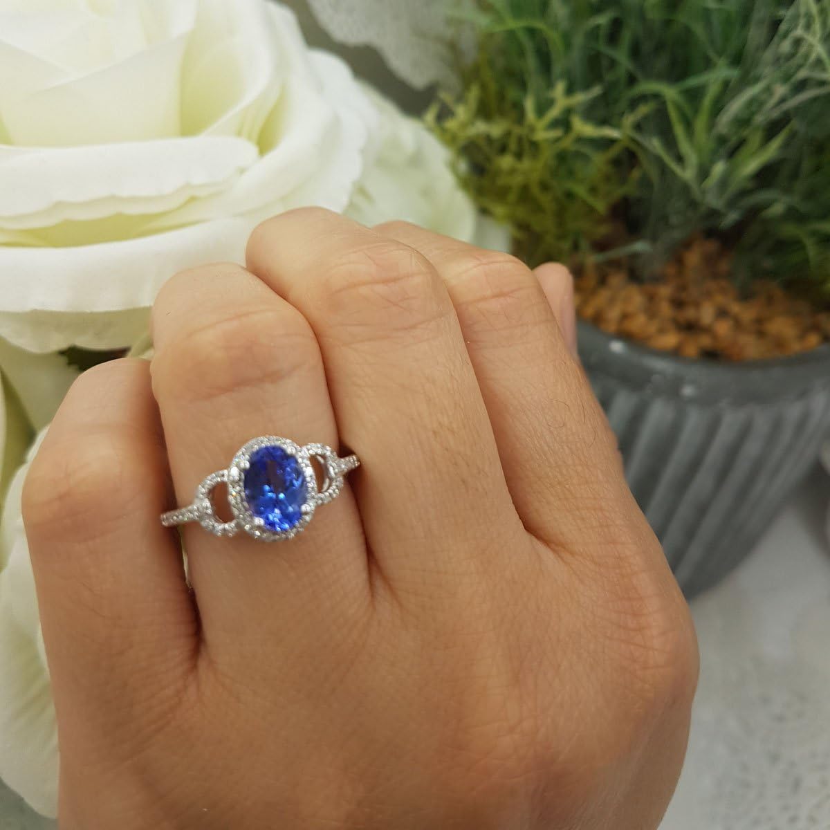 Dazzlingrock Collection 8x6mm Oval Tanzanite & Round White Diamond Halo Engagement Ring for Her in 14K Solid Gold