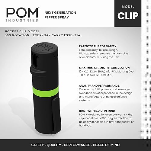 Miniatura 2 de POM - Gas pimienta con clip para bolsillo superior, aerosol con OC de máxima potencia para autodefensa, diseño táctico compacto y seguro, 25ráfagas,