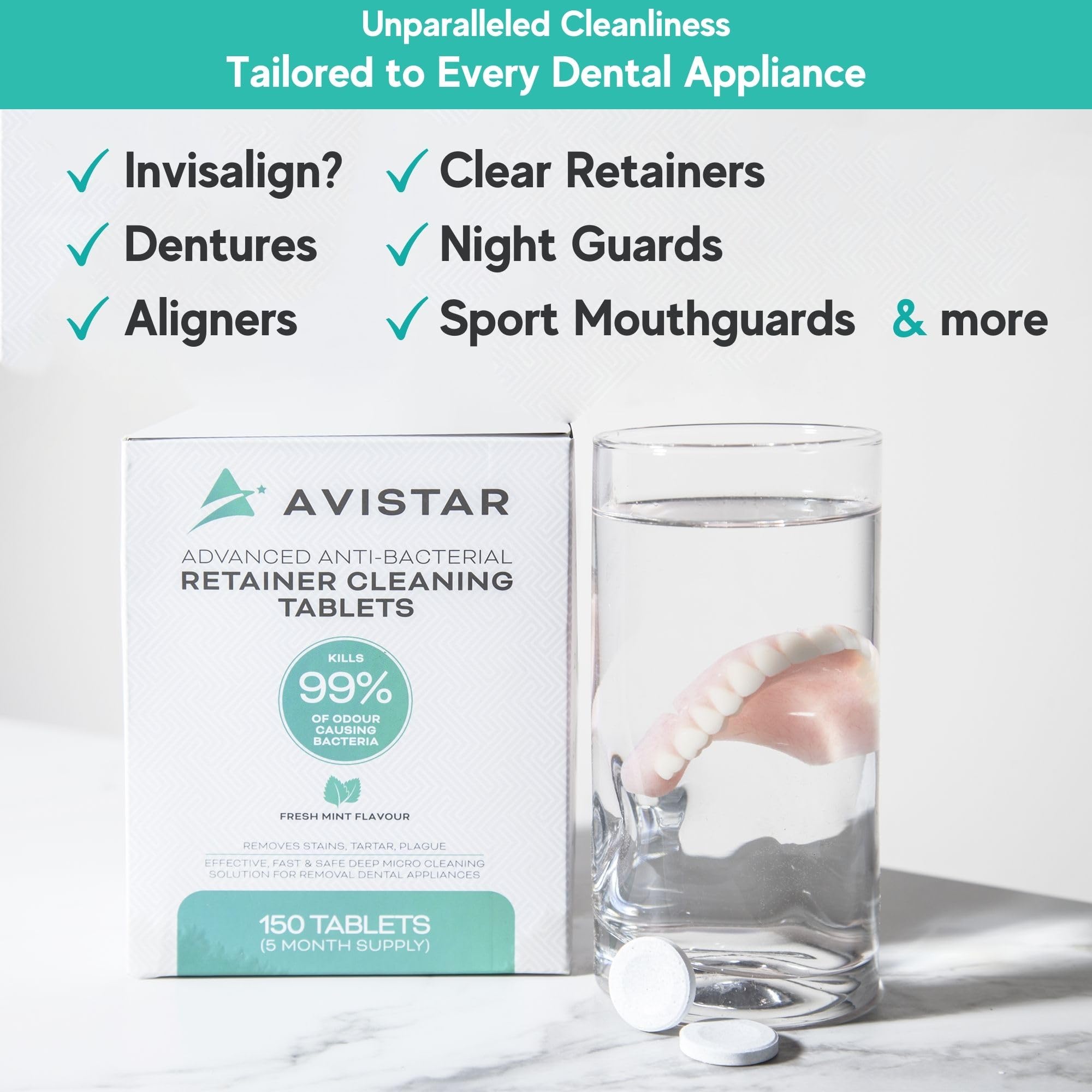 Retainer & Mouth Guard - Pastillas limpiadoras de retenedores de sabor a menta y limpiador Invisalign - Pastillas de limpieza de dentaduras, limpiador de dentaduras postizas, alineadores, protector