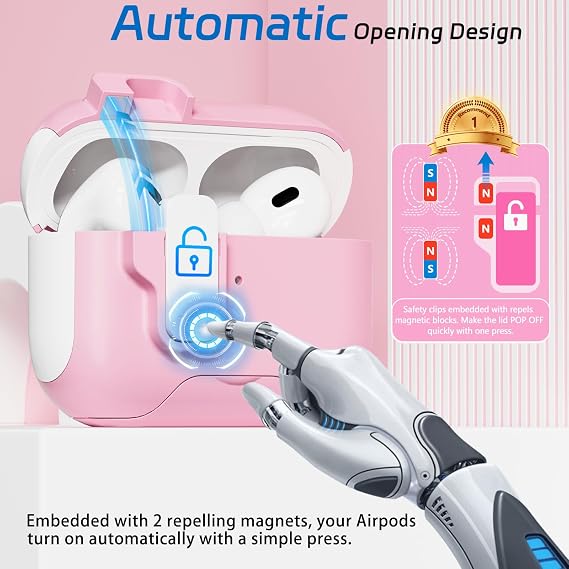 for AirPods Pro 2 Case with Safety Lock & Phone Stand, Auto Opening AirPods Pro Case Cover Compatible with Airpods Pro 2nd/1st Generation Cases for Women Girly with Cleaner,Lanyard, Drop Protective