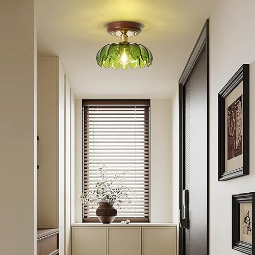 Miniatura 3 de Lámpara de techo semiempotrada de 10 pulgadas con base de cobre de vidrio verde, lámpara de techo vintage para pasillo, moderna lámpara de montaje