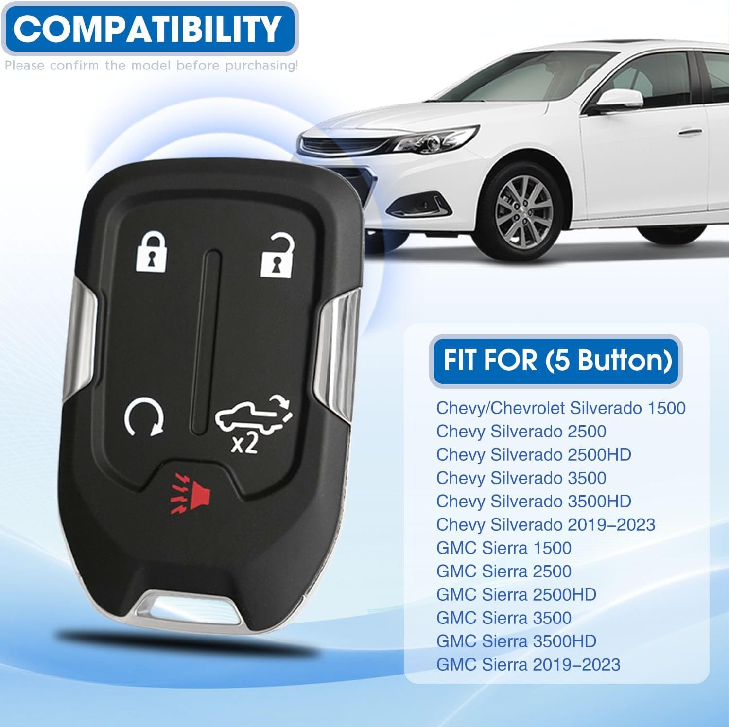 Keyless Entry Remote Control Key Fob Replacement 5 Button for Chevy Silverado GMC Sierra 1500 2500 HD 3500 HD 2019 2020 2021 2022 2023 HYQ1ES 13522904 13522854 433 MHz with Chip and Keyblade