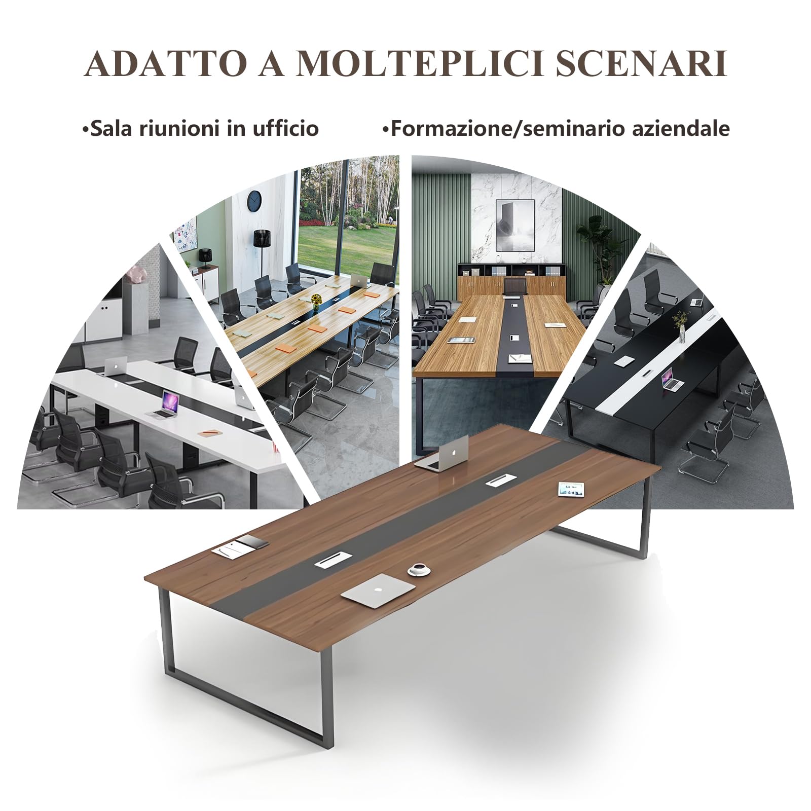 Grande Tavolo Riunioni Ufficio – Tavolo Conferenza Moderno con Passacavi,Struttura in Metallo Robusta,Design Rettangolare Nero-Bianco per 8–12 Persone (senza sedie)