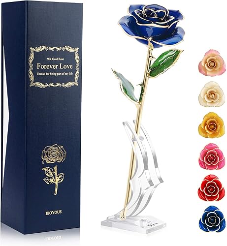 Ejoyous Rosa de oro de 24 quilates con tallo largo, rosa fresca sumergida en oro, rosa floreciente para siempre con caja de regalo, regalo para