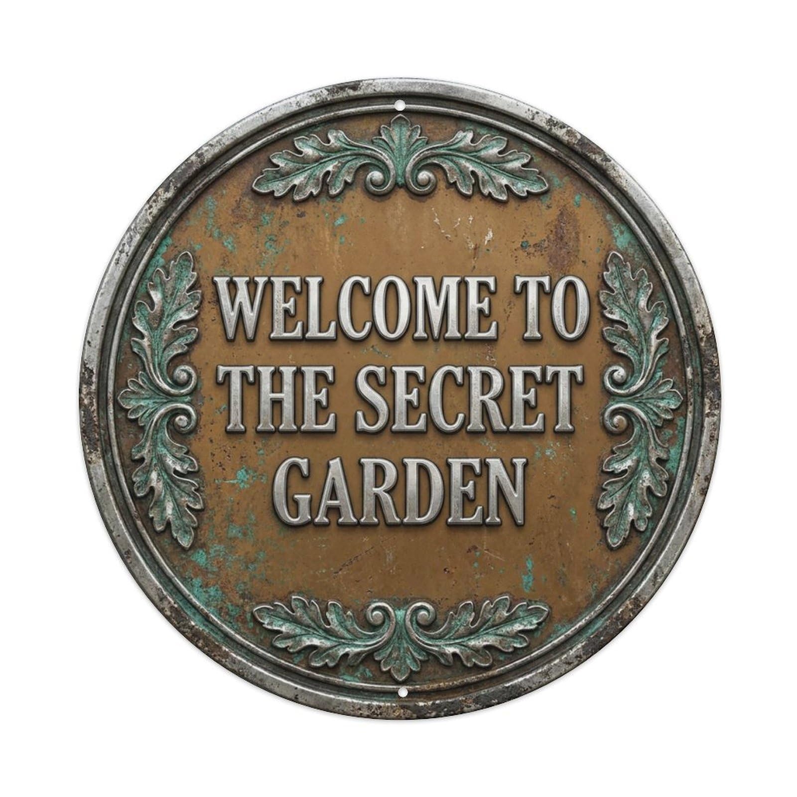 Vintage Welcome Secret Garden Silver Caramel Oakleaf Metal Tin Sign