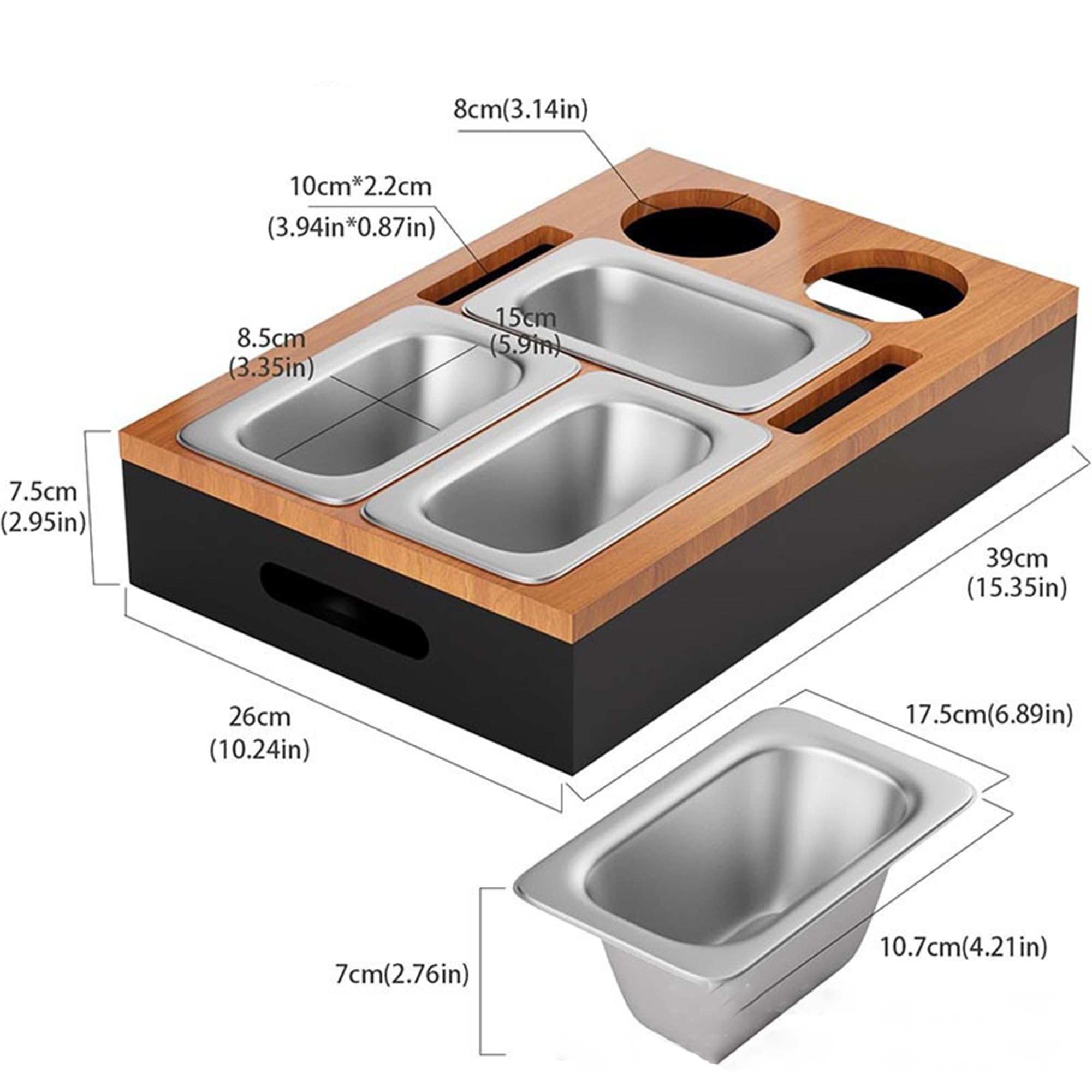 YUEMING Caja de aperitivos para sofá, bandeja de sofá de madera con cuencos de acero inoxidable, bandeja de servir para sofá, estante para sala de estar, dormitorio, jardín, camping