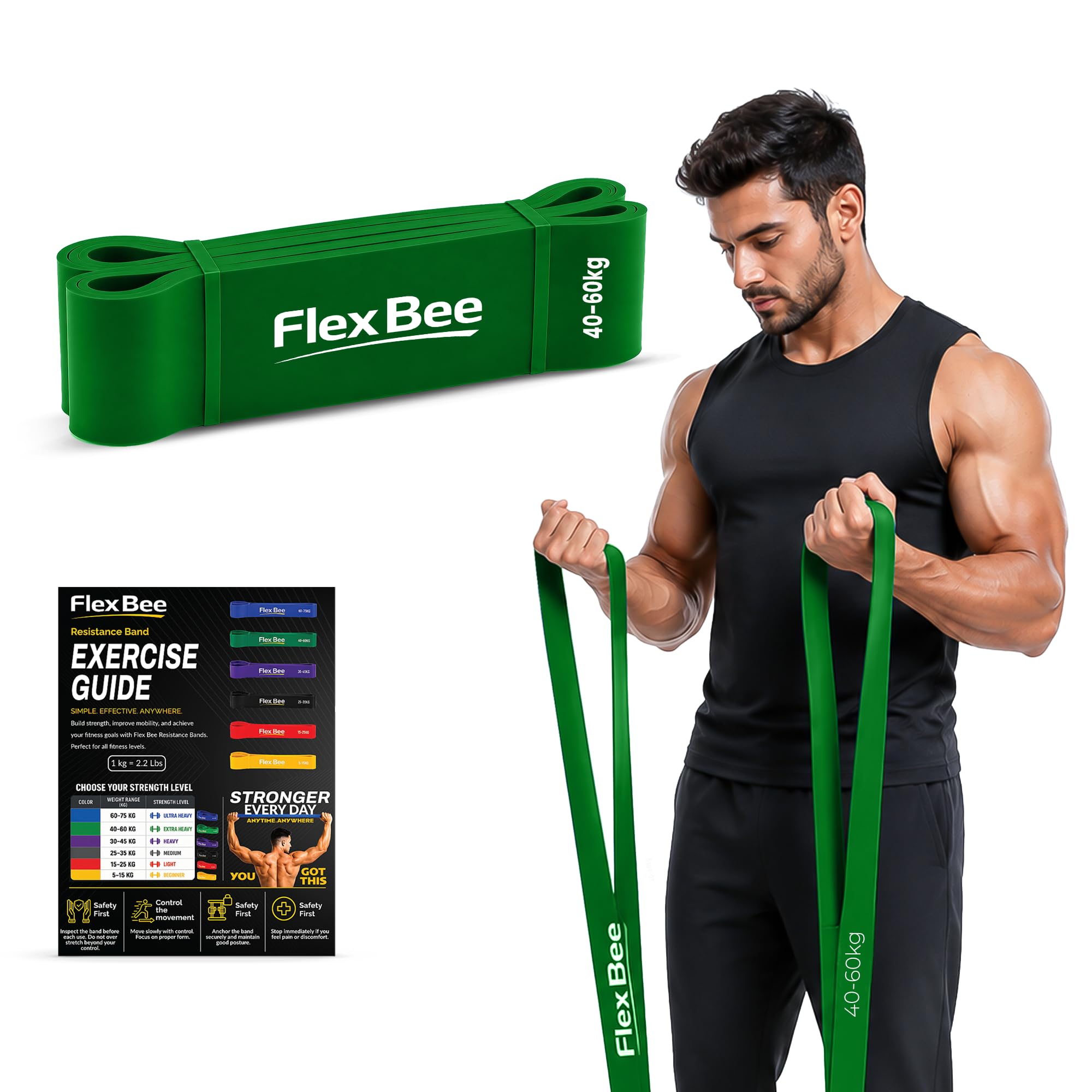 flexbee heavy resistance bands for workout, pull up assist, strength training & stretching | exercise loop bands for men & women home gym fitness equipment (green, 40–60 kg resistance, latex)
