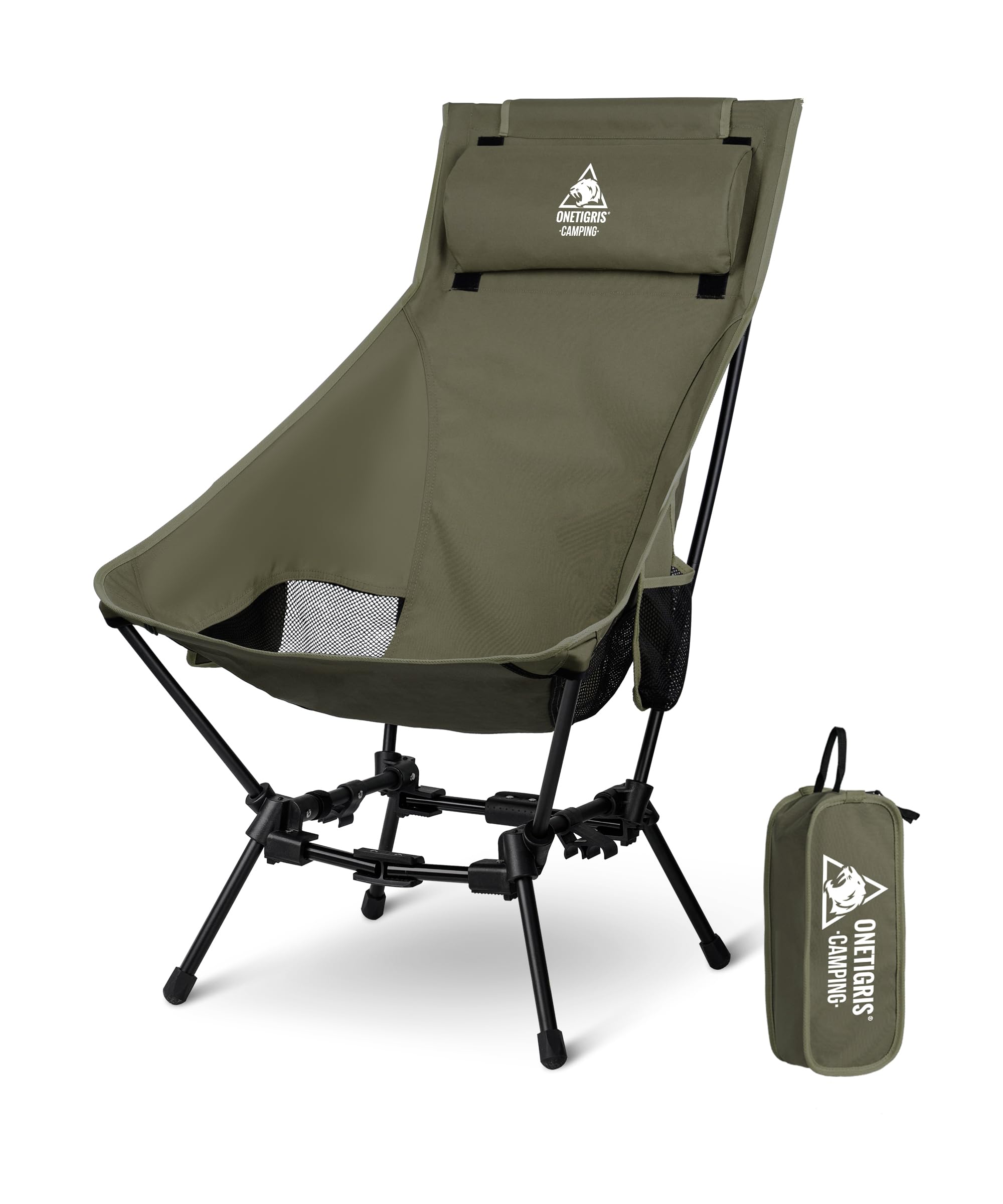 Chaise de camping OneTigris Dragonhide, chaise à dossier haut, chaise pliable, 150 kg, chaise de camping légère, chaise de pêche pliable avec 2 poches latérales, chaise pliante ultralégère pour
