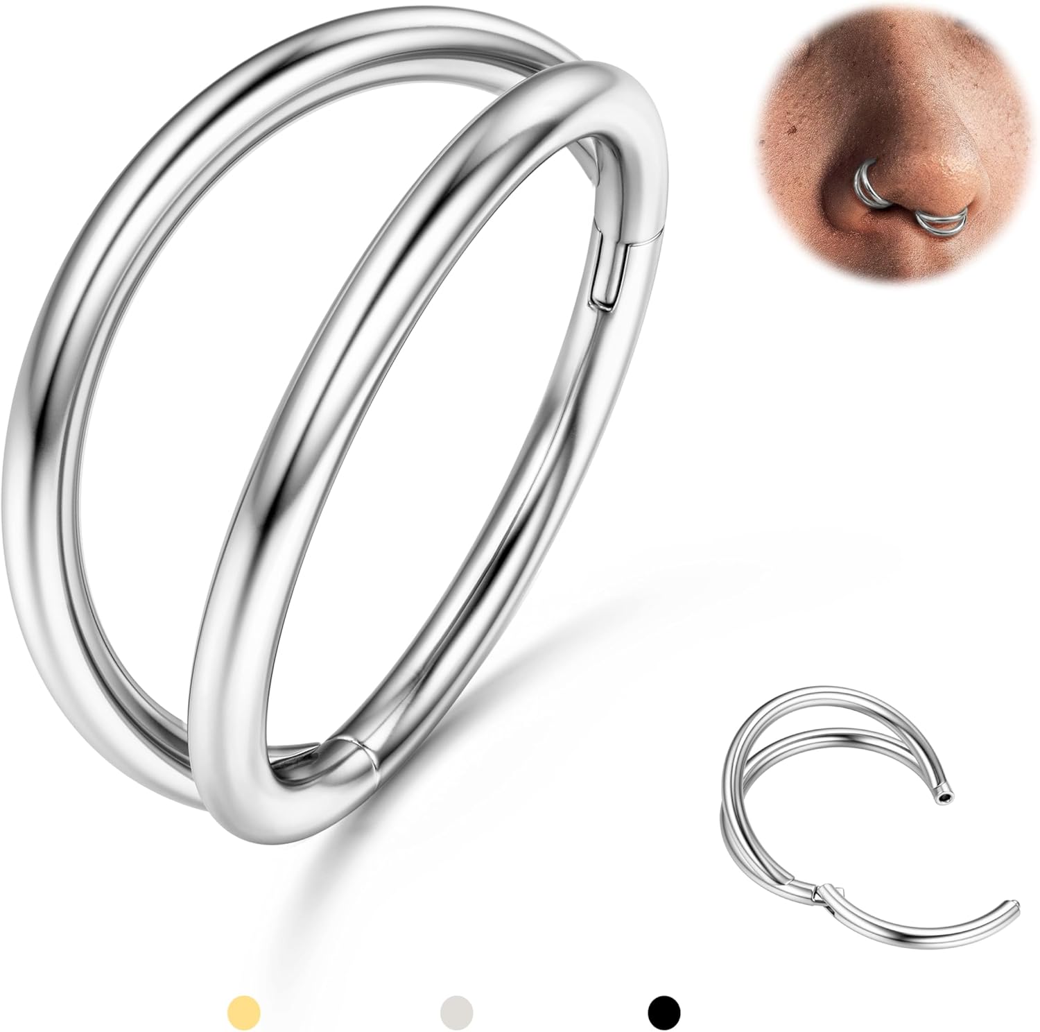 BodyBonita Triple/Double Hoop Nose Ring – 316L Stainless Steel Septum Clicker 16G/18G/20G CZ Conch Piercing Jewelry Septum Clicker Rings Cartilage Earring Helix Rook Tragus Gold/Black/Silver/Rose Gold
