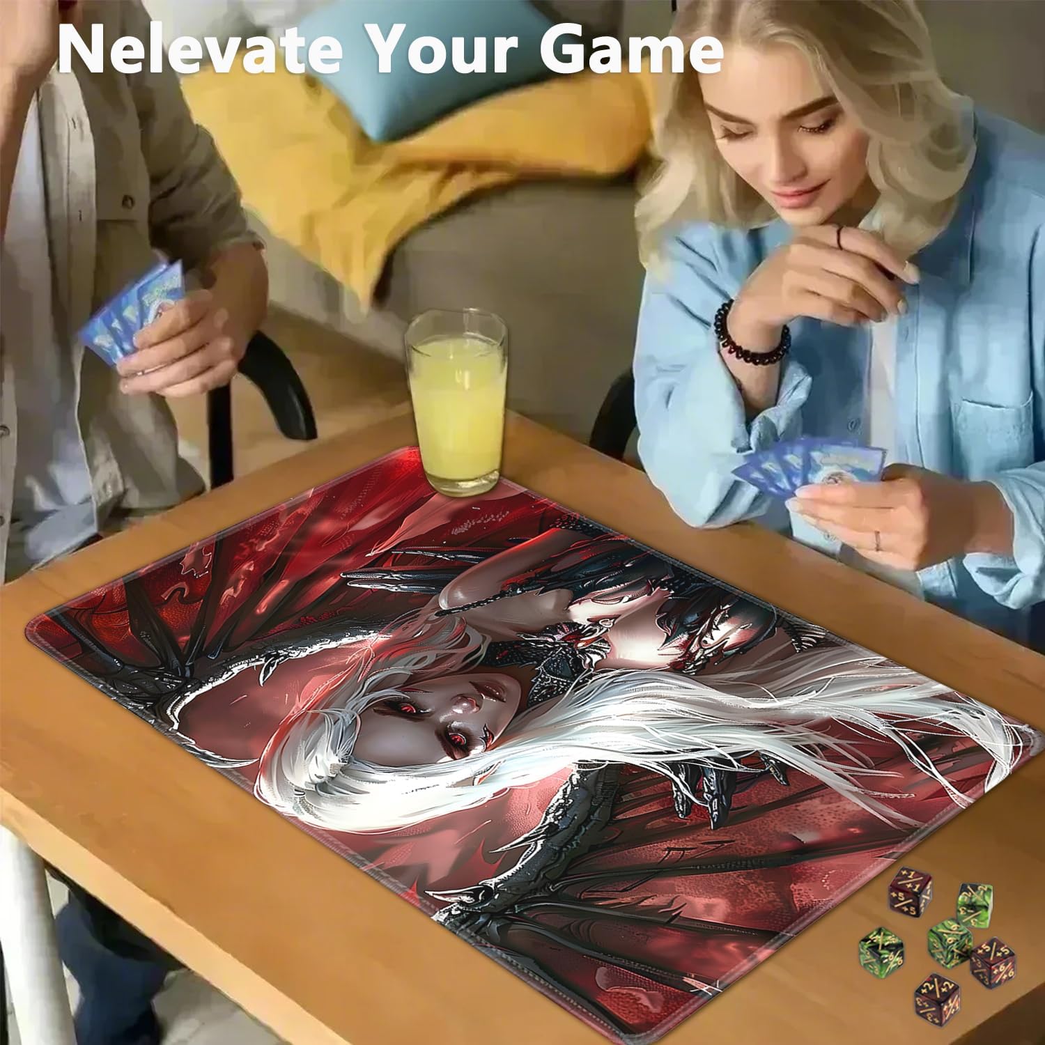for MTG Playmat + Drawstring Travel Pouch + 6 Dice Counter, for Tabletop Trading Card Game Playmats or Mouse Pad, Anti-Slip Rubber 24 x 14 in, Anime Warrior Girls for TCG Playmat (No with Zone)