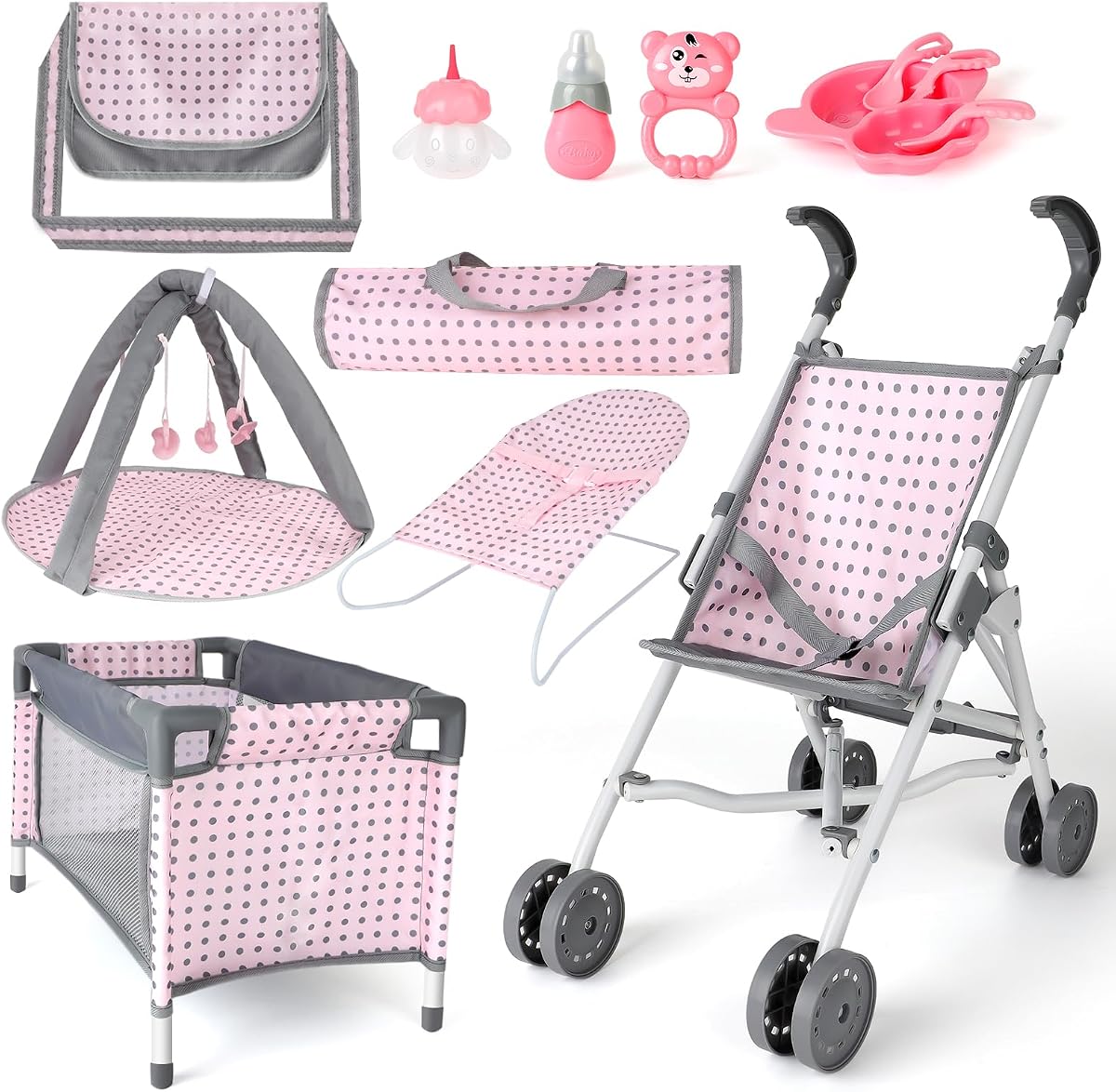 deAO Baby Doll Stroller Crib Set Baby Dolls Accessories with Play Mat | 6-in-1 Nursery Playset,Foldable Stroller Toy,Bed,Travel Bag,Christmas Birthday Gifts for Girls Boys Toddlers Ages 3+,12Pcs