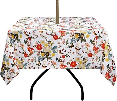 ColorBird Spring Bloom Botanical Print Outdoor Tablecloth Water Resistant Spillproof Polyester Fabric Table Cover with Zipper Umbrella Hole for Patio Garden Tabletop Decor, 60" Square, Zippered