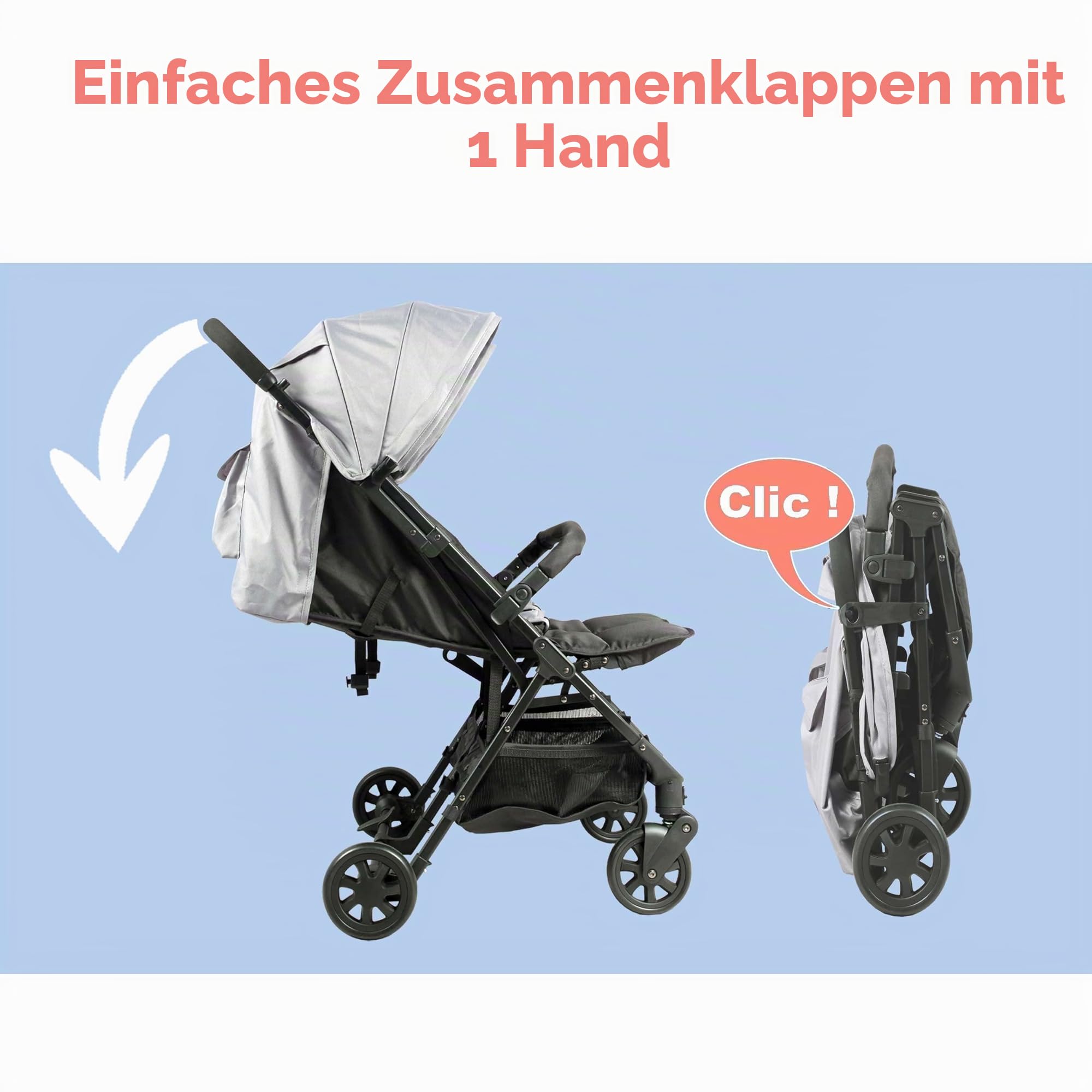 Bambisol Doppelkinderwagen nebeneinander | ideal für Zwillinge ab der Geburt mit ultra-kompaktem Zusammenklappen | Farbe Schwarz und Grau