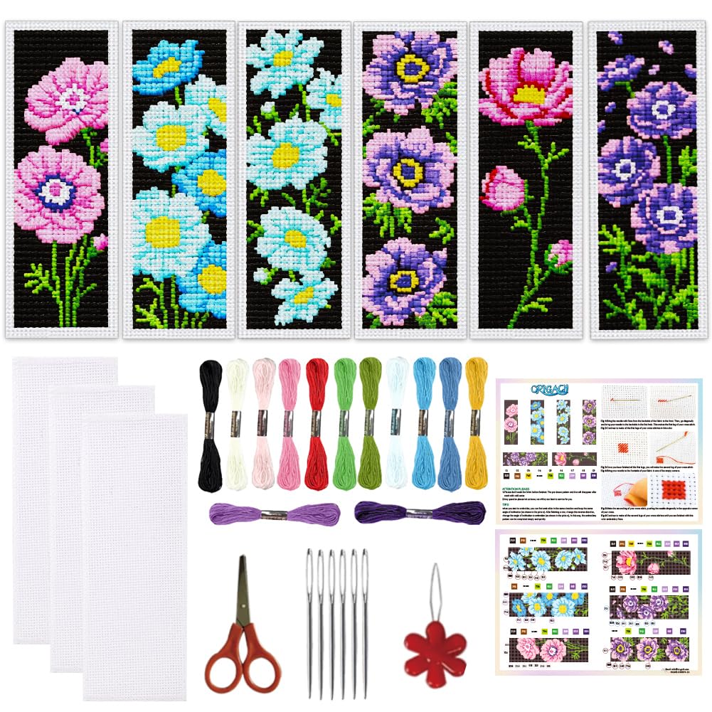ORIGACH 6 Set Anemone Flower Cross Stitch Bookmark Kit for Beginner with Backing Felt Floss Instructions DIY Stamped Embroidery Bookmark Kit for Adults, Book Lovers