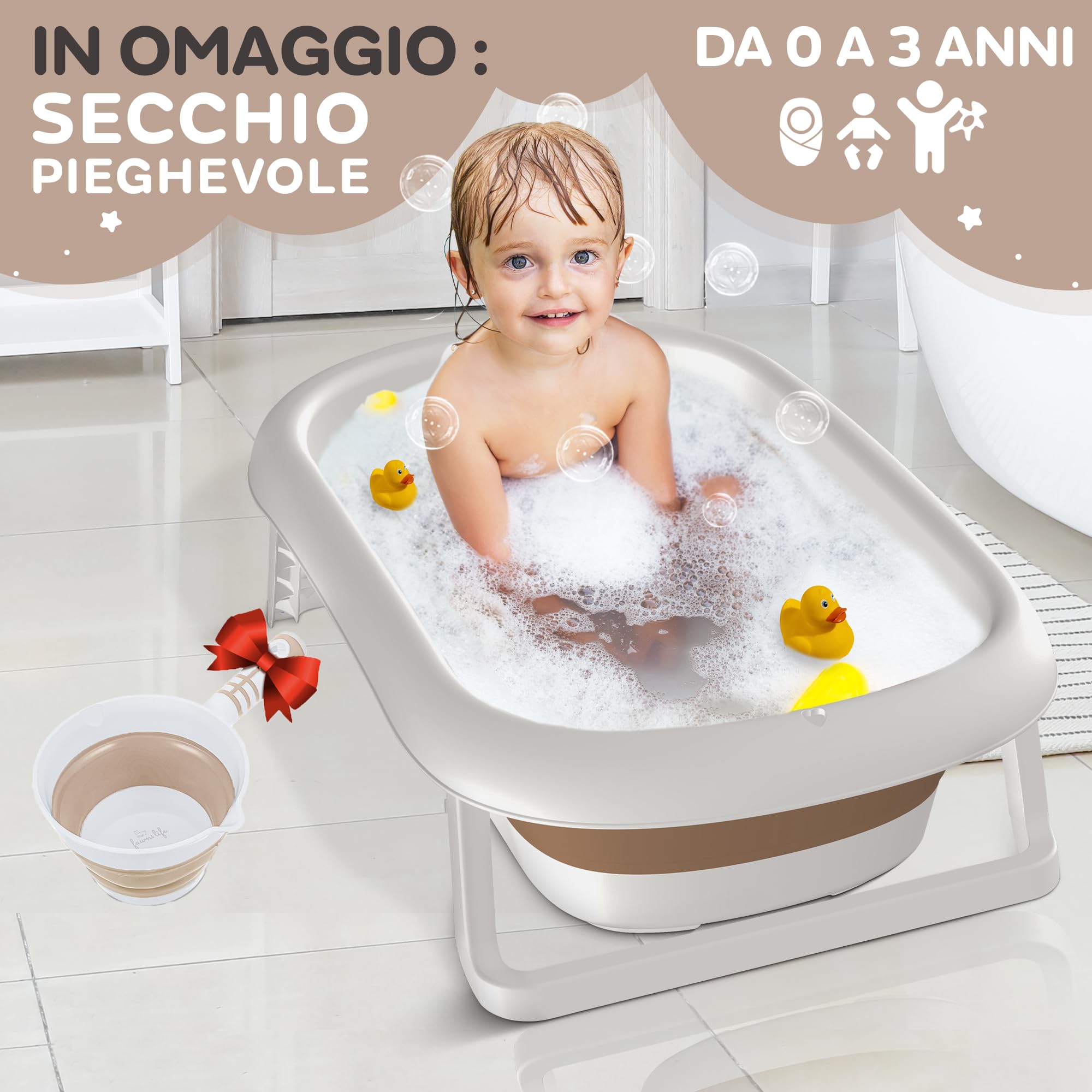 FawnsLife - XXL - Vasca da bagno pieghevole per bambini con seduta confortevole e tappeto al ginocchio - Qualità superiore e pratica per piccoli spazi e spostamenti