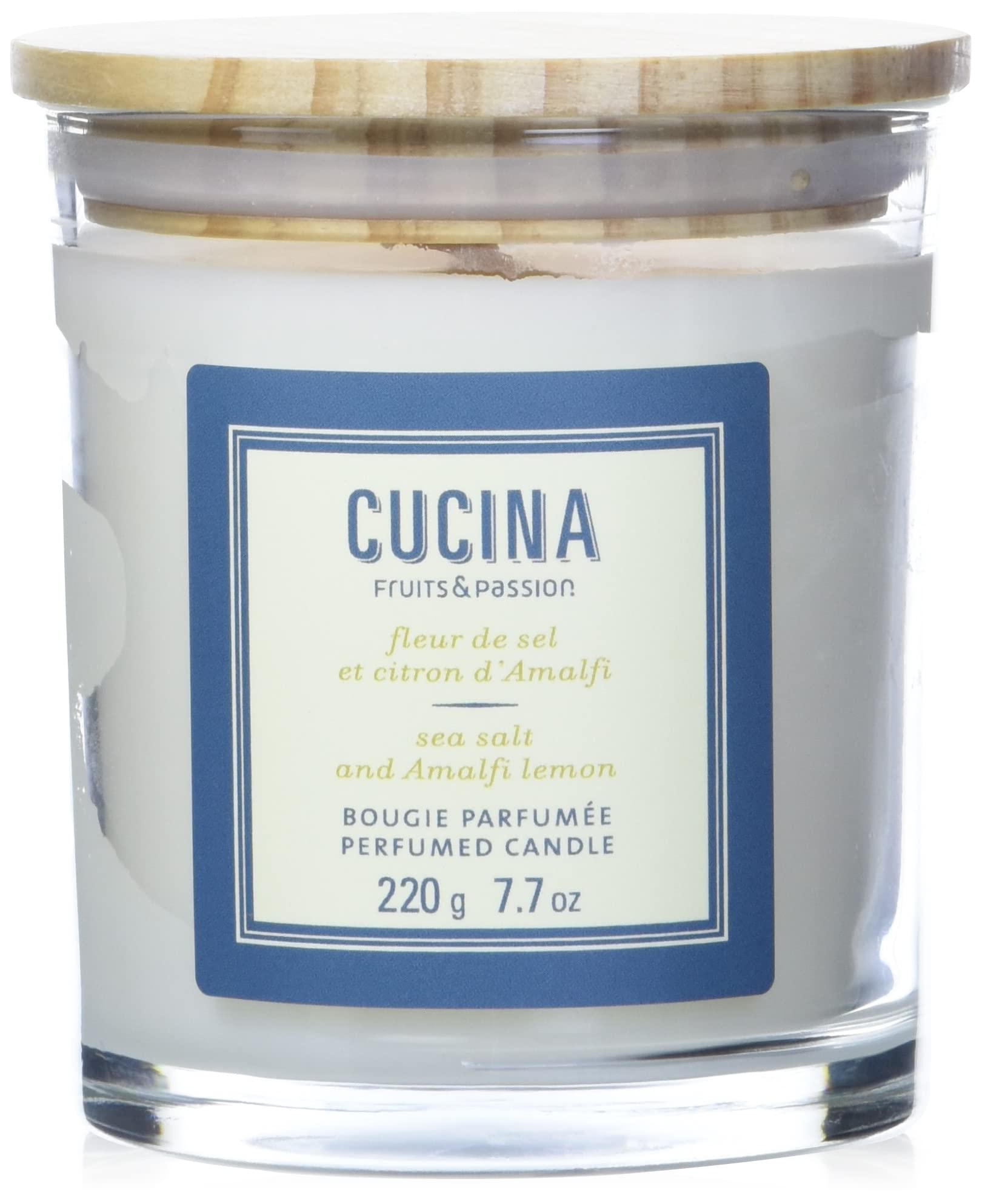 Fruits & Passion Cucina Scented Candle – Sea Salt & Amalfi Lemon, Plant-Based Wax Candle in Recyclable Glass Vase, 35 Hour Burn Time, Clean-Burning