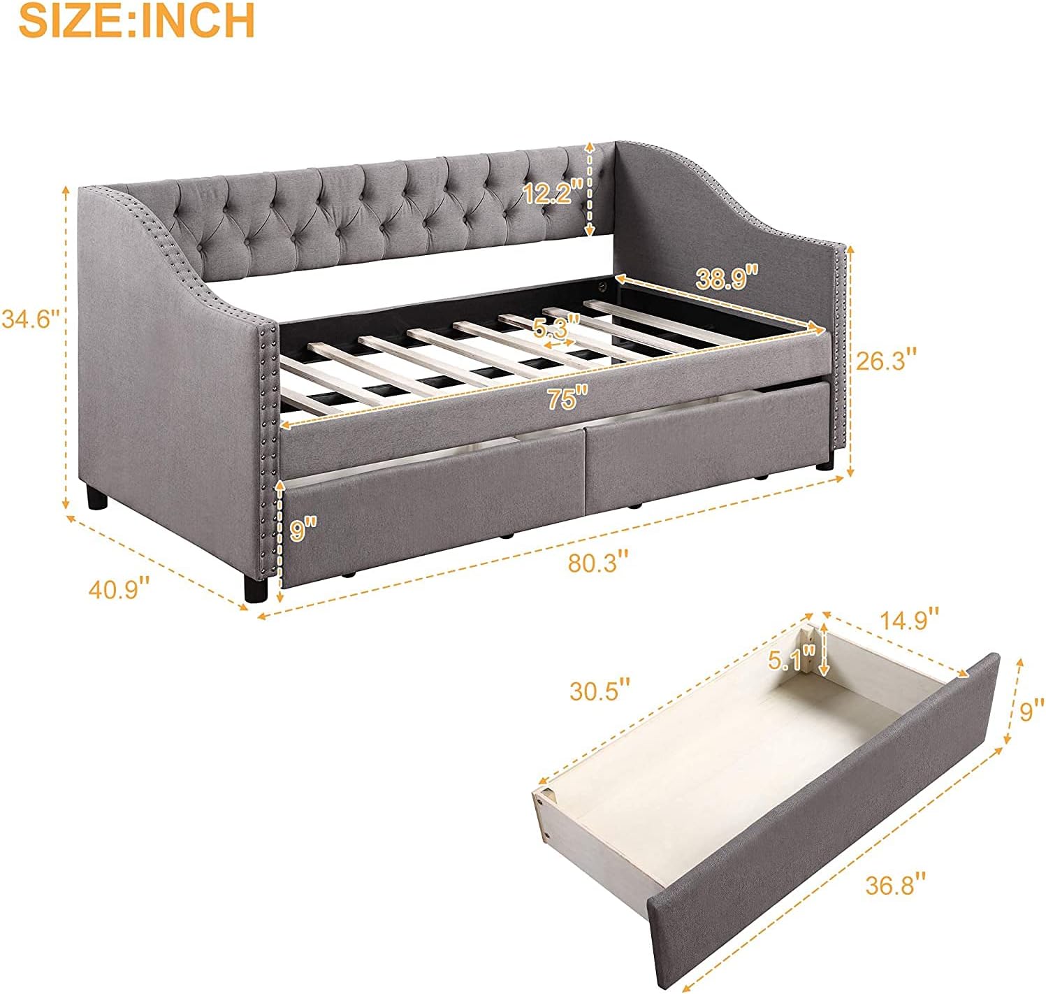 Merax Twin Size Daybed, Upholstered Daybed Sofa Bed with Two Drawers, Wood Slat Support Day Bed Frame, Grey