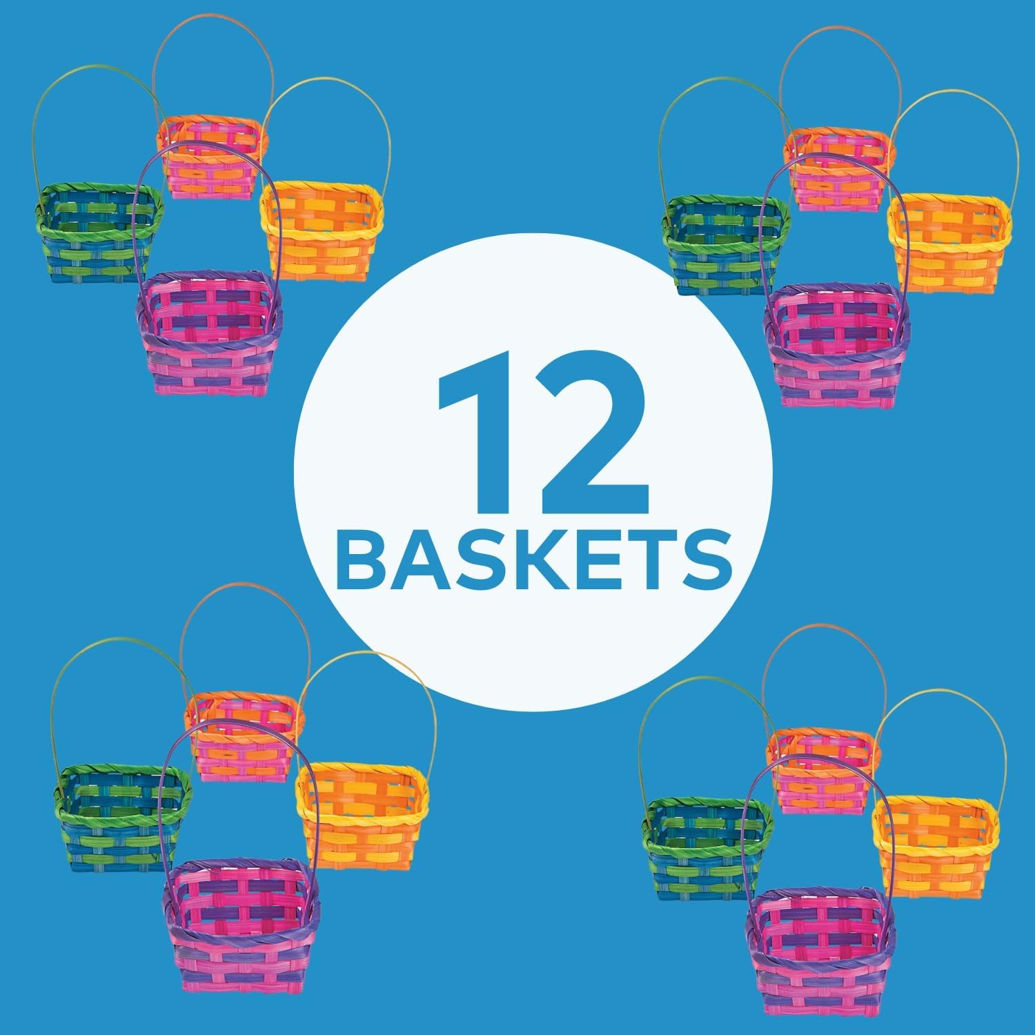 Fun Express Easter Basket Bulk 12 Pack - Small Square Bamboo Easter Baskets for Kids | Colorful Decorative Mini Baskets for Easter Egg Hunt, Classroom Parties & Spring Celebrations | 3.5x3.5x3 Inch