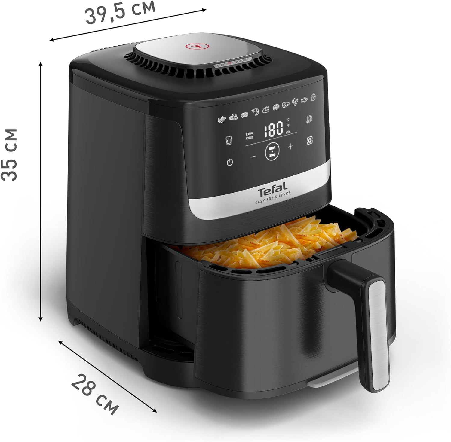 Wewnętrzny view of the air fryer basket with fries, showing the heating element