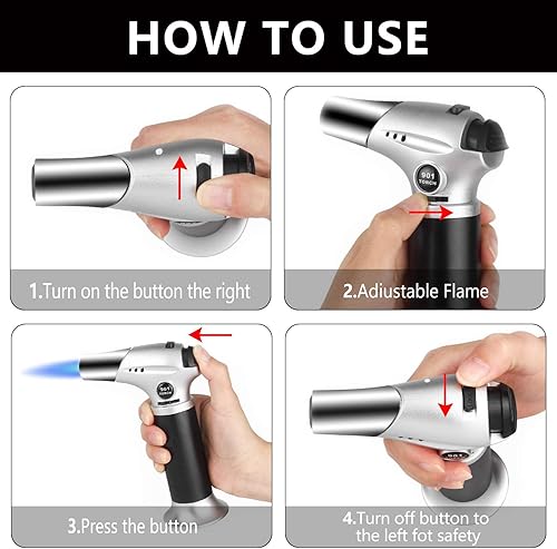 Miniatura 5 de Blovec Soplete de butano, soplete de cocina, soplete de cocina, encendedor recargable con bloqueo de seguridad y llama ajustable para creme brulee,