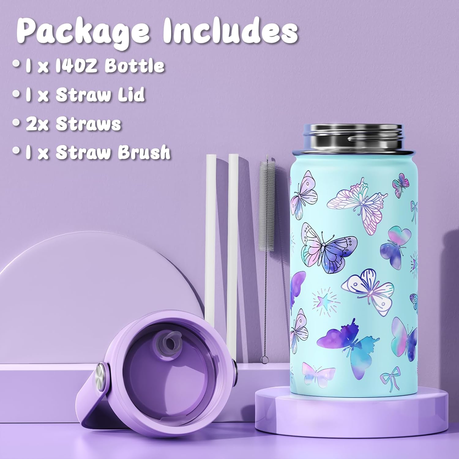14oz Kids Insulated Water Bottle with Straw Lid - 18/8 Stainless Steel Kid Cup Travel Tumbler Double Wall Vacuum Leak Proof Portable Toddler Water Bottle(Butterfly) - Image 6