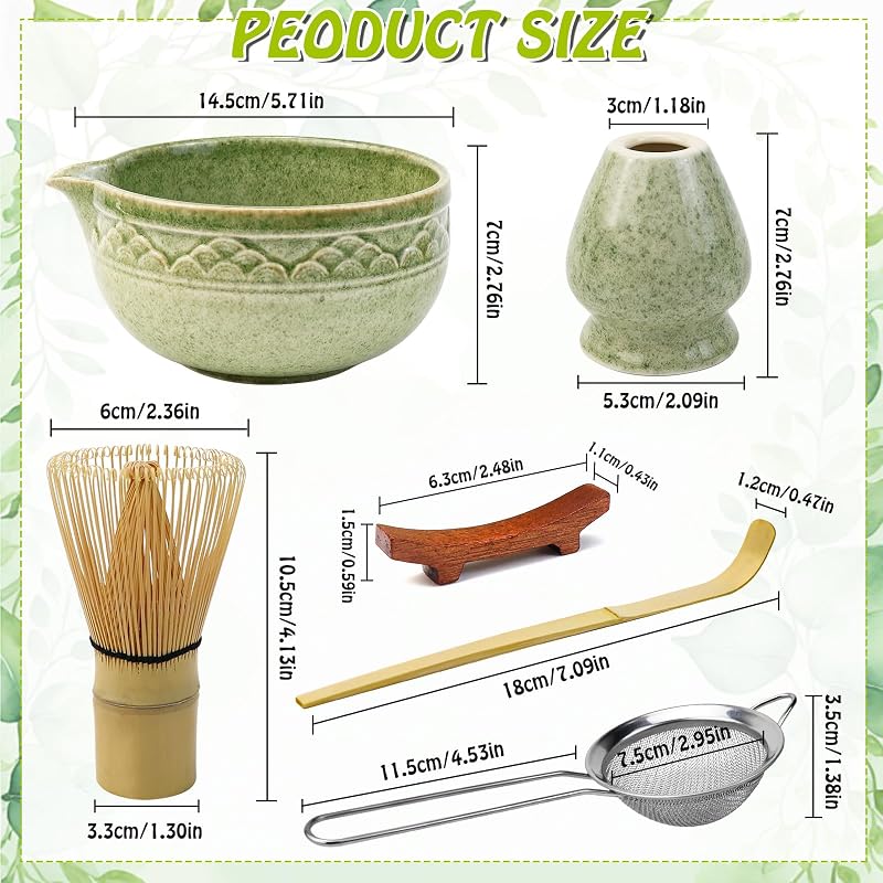 VZXZXE Matcha Készlet 6 Részes - Habverő, Kanál, Tál, Szűrő és Kerámia Teáscsésze - Matcha Colored 6 Piece Set