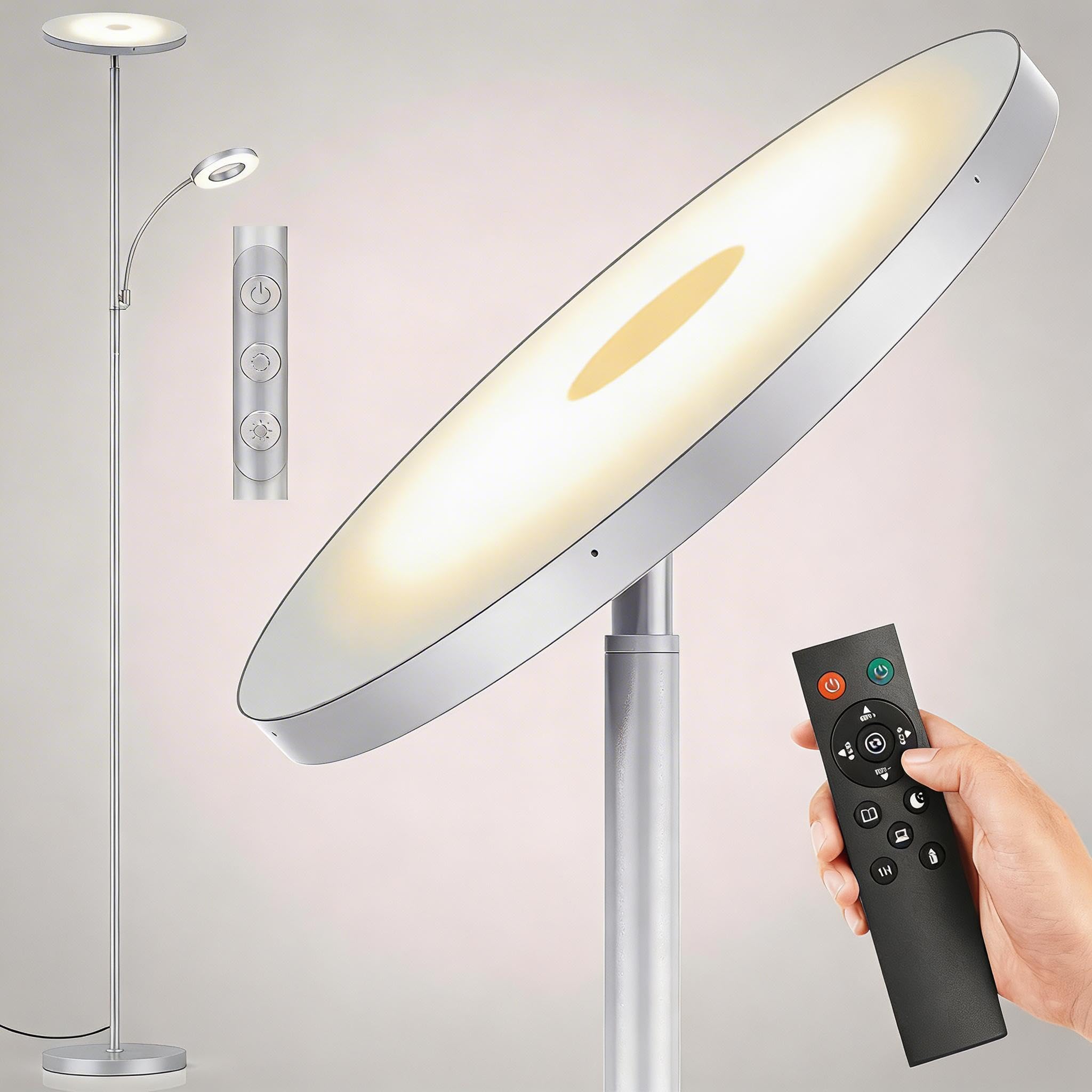 LED Stehlampe Wohnzimmer Dimmbar, 42W 3600LM Deckenfluter mit Leselampe, Fernbedienung & Touchsteuerung, 1-Minuten-Installation, Stehlampe Modern für Wohnzimmer, Büro, Esszimmer, Schlafzimmer(Grau)