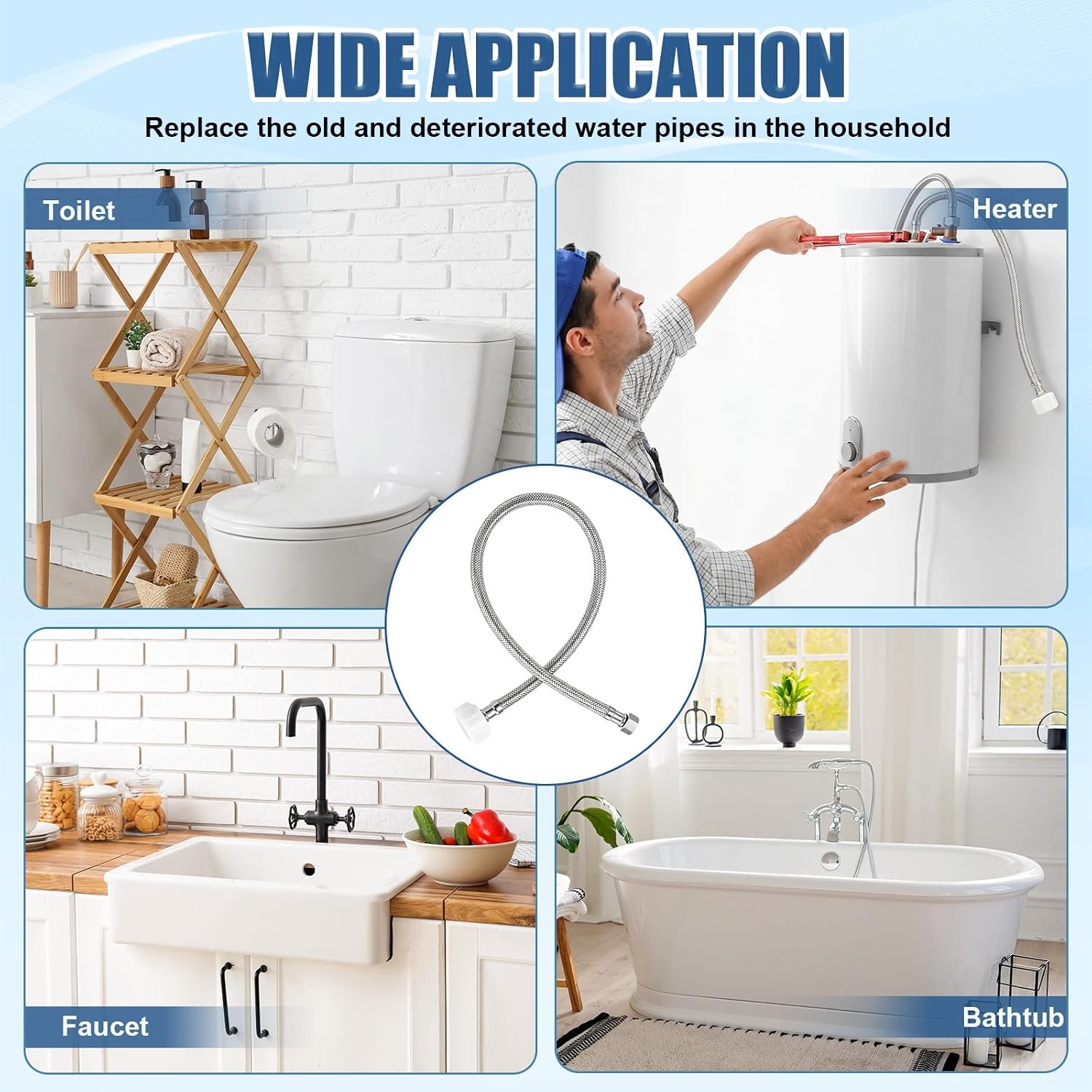 Zhengmy 8 Set Toilet Shut off Valve Replacement Kit 12 Inch | Toilet Connector Hose, Water Supply Line, 1/4 Turn Angle Toilet Water Valve, Escutcheon Plate, Sealing Tape and Wrench