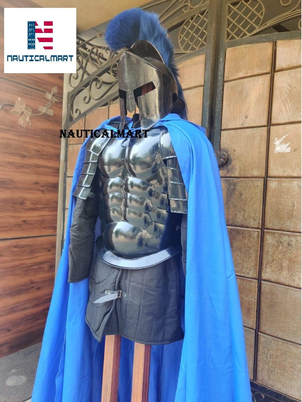 Nautical-Mart Roman Black Antique Muscle Armor Jacket with Shoulder Guard 300 Spartan Helmet, Royal Blue Cape, Gambeson