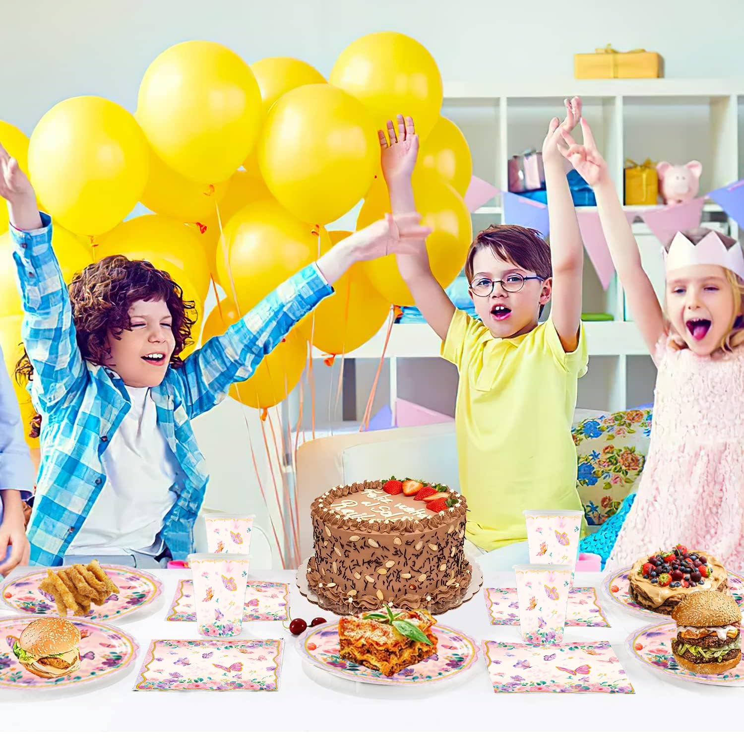 Doyomtoy Vajilla para fiestas de mariposas de colores, vajilla para cumpleaños infantiles, incluye vasos, platos, servilletas y cubiertos, adecuada para fiestas de cumpleaños