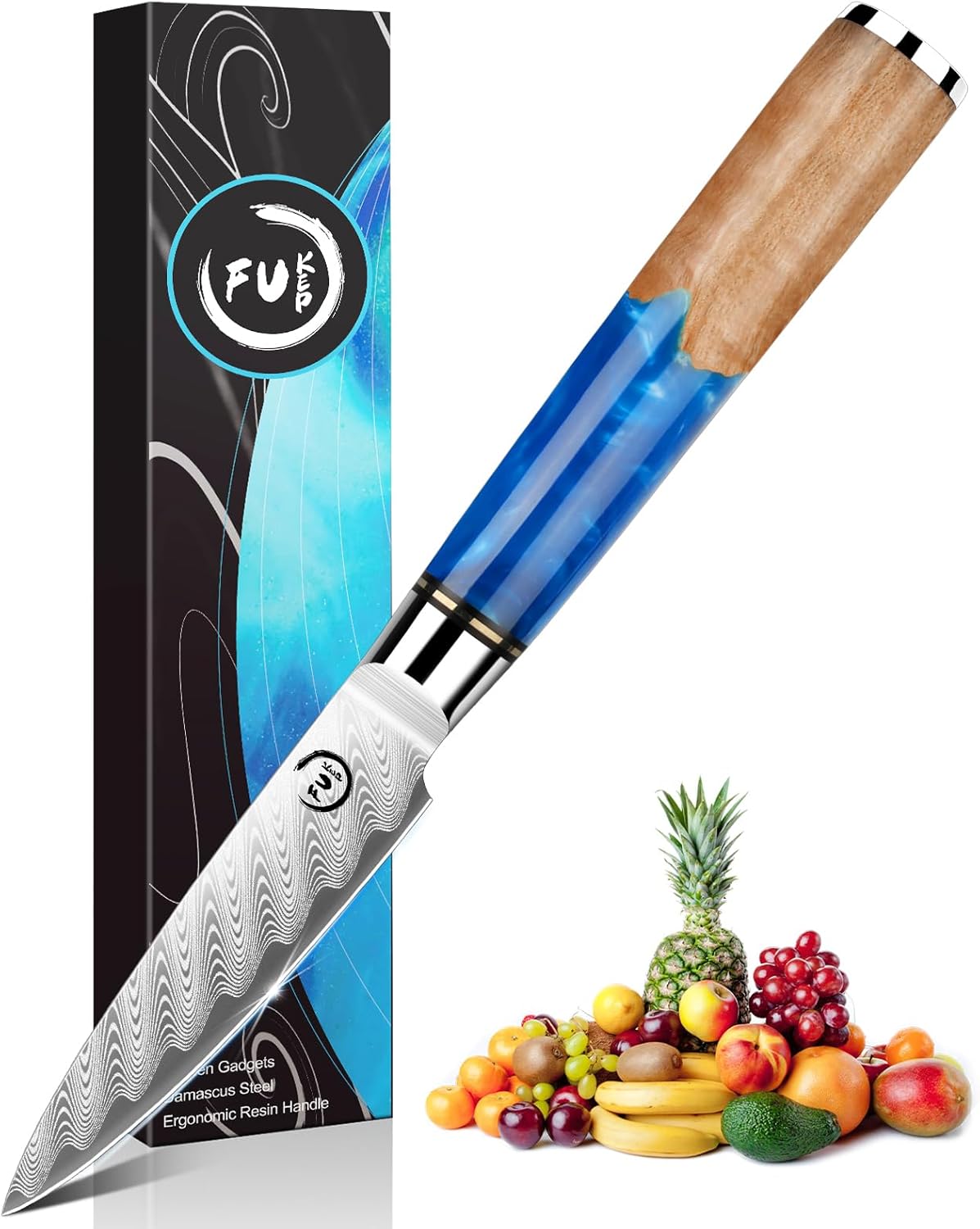 3.5 Inch Damascus Paring Knife, Small Paring Knife with VG-10 Core, 67-Layer Forged Steel, Ultra Sharp Hand-Honed 12° Edge, Real Damascus Pattern, Blue Resin Handle, Ideal Gift with Gift Box