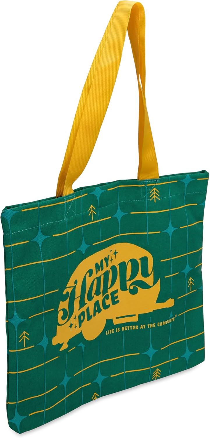 Camco Life is Better at the Campsite Tote Bag | Ideal for Groceries, Shopping or as a Purse | Green Grid Design Tote Bag with a Large, Yellow Retro RV and My Happy Place Text (53483)