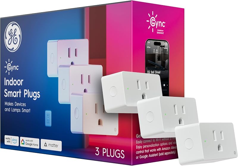 GE Cync Smart Plug, WiFi Smart Outlet, Matter, Alexa & Google, 3 Pack | No hub required, voice control, Matter compatible, Alexa & Google Home, schedule & automate devices, energy monitoring