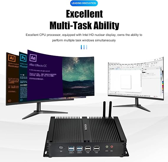 KINGDEL Fanless Mini Desktop Computer, Powerful Industrial PC with Core i7 CPU, 8GB RAM, 128GB SSD, 2xNICs, 2xHD Ports, 4xUSB 3.0, 6xCOM RS232, WiFi, Silent Working