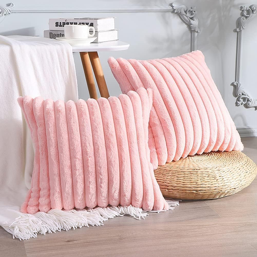 Soleebee Set of 2 Throw Pillow Covers Soft Cozy Velvet Pillowcase Faux Rabbit Fur Cover for Couch Sofa Bed Chair Home Decorative Pillows Cover (18x18 Inch, Pink)