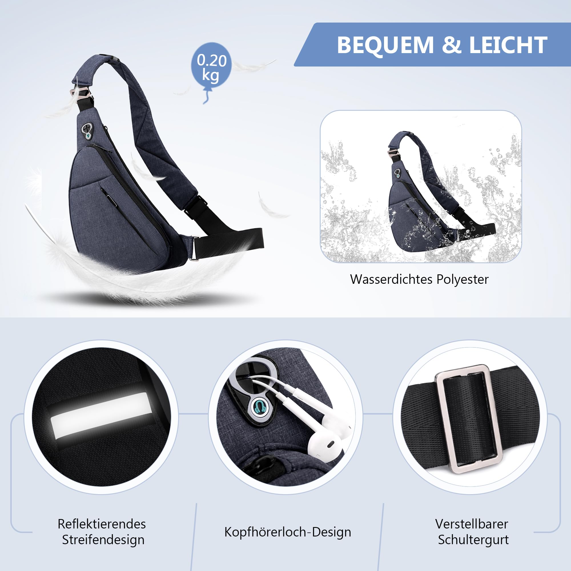 VARLIVOO Brusttasche Herren, Wasserdicht Leichte Umhängetasche Klein, Sling Bag Anti Diebstahl für Reisen Wandern Sport Blau B